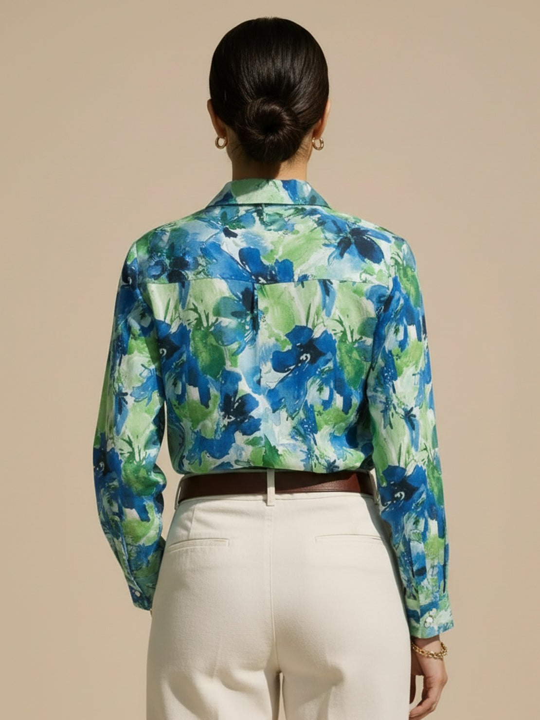 floral button-down shirt with long roll-up sleeves and relaxed hip-length fit