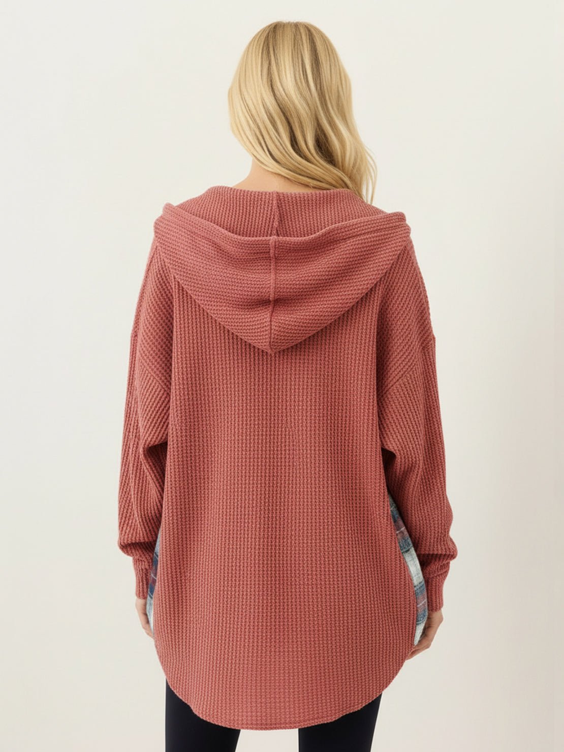 CloudKnit Oversized Hooded Shacket waffle knit with button-front and drawstring hood