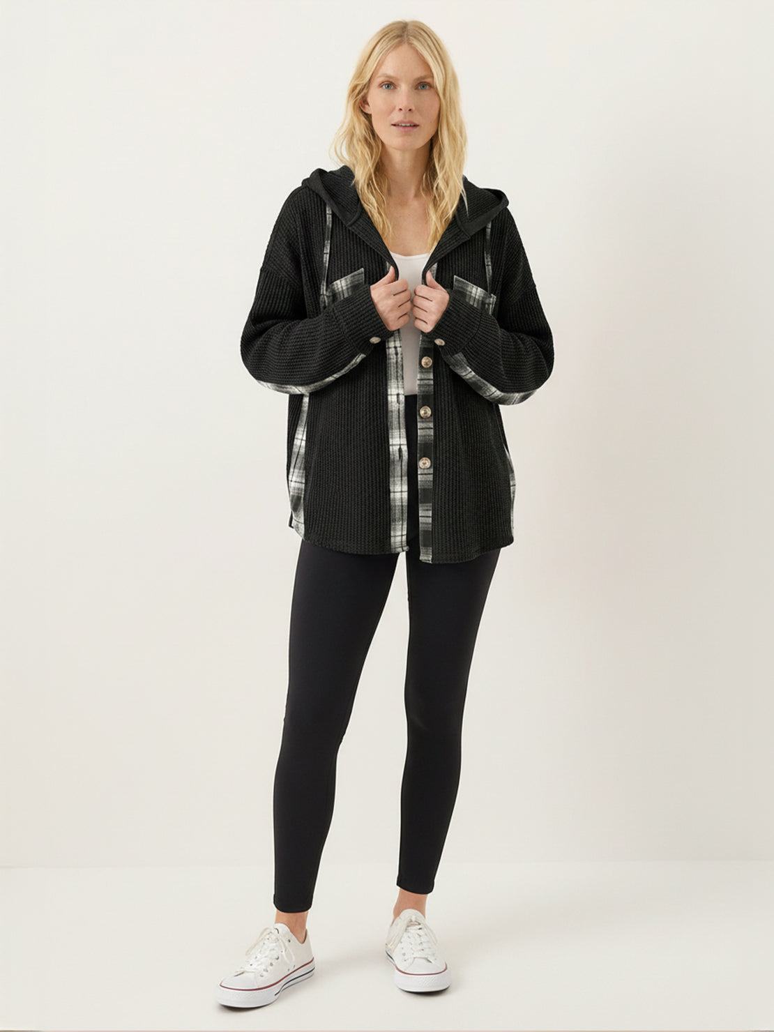 CloudKnit Oversized Hooded Shacket with waffle knit texture, button-front, and relaxed fit for layering