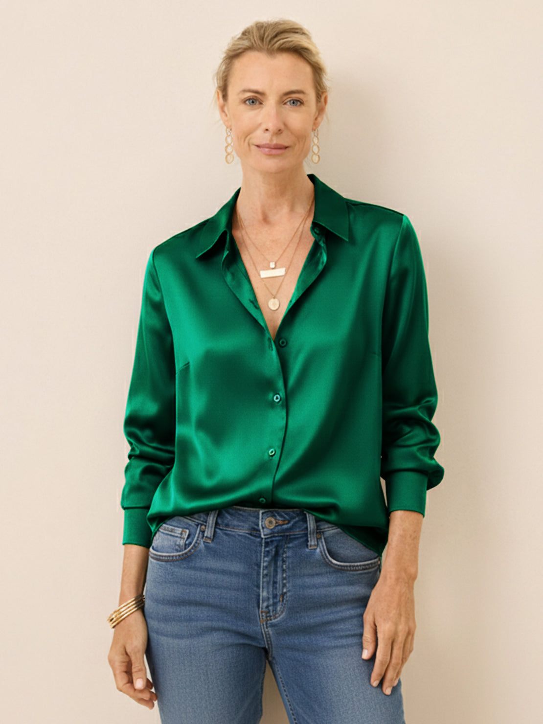 Silk-finish button front shirt with relaxed fit and smooth drape