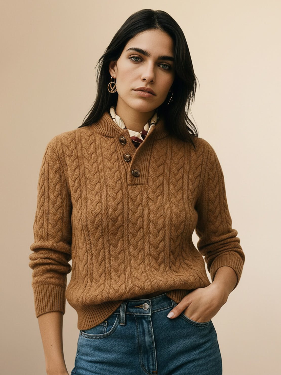 Slim fit 100% wool cable-knit sweater with stand collar and button placket