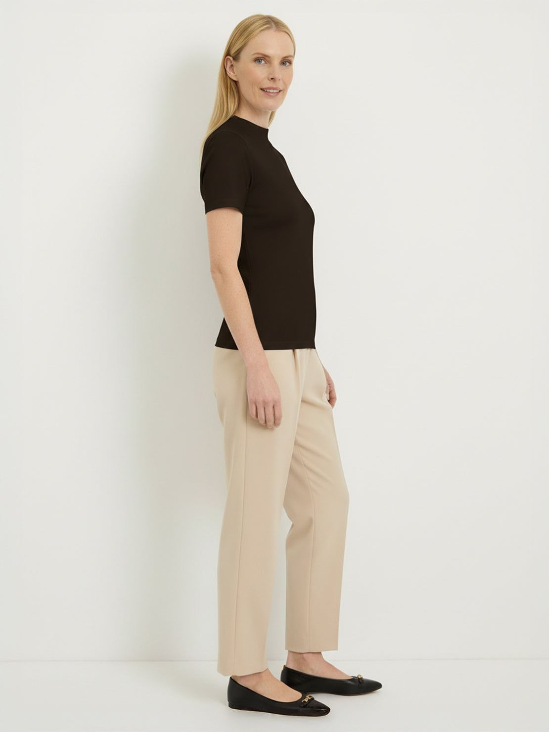 Slim-fit 100% Merino wool short-sleeve mock neck tee in neutral color