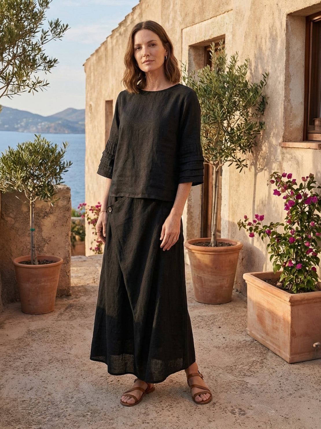 Two-piece 100% cotton wrap skirt and top set with crinkle texture and elastic waistband