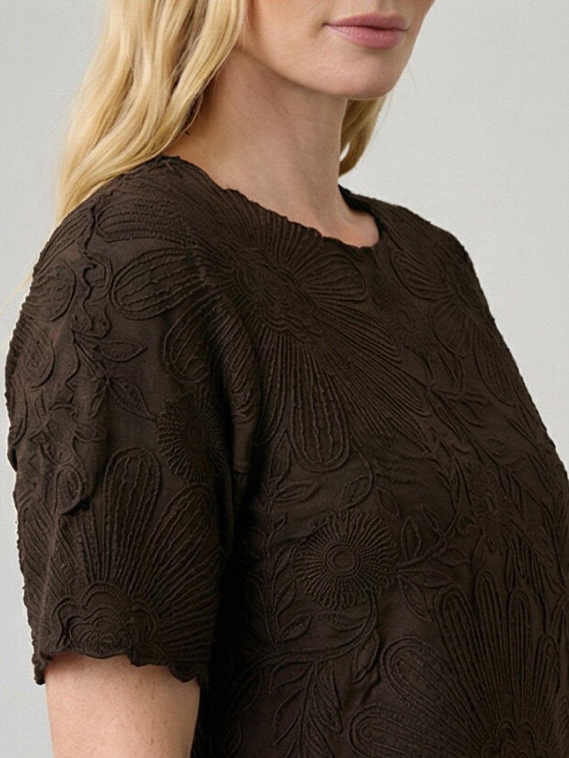Floral jacquard pleated top with relaxed A-line fit and flutter sleeves
