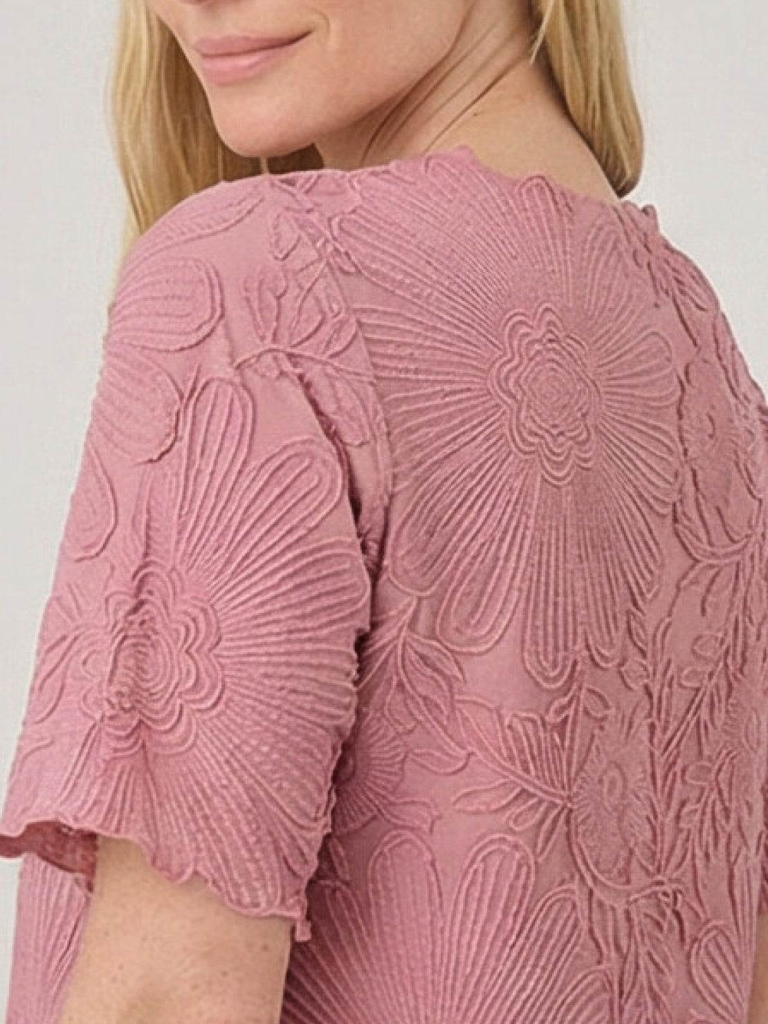 Floral Jacquard Pleated Top with 3D floral texture, flutter sleeves, and relaxed A-line silhouette