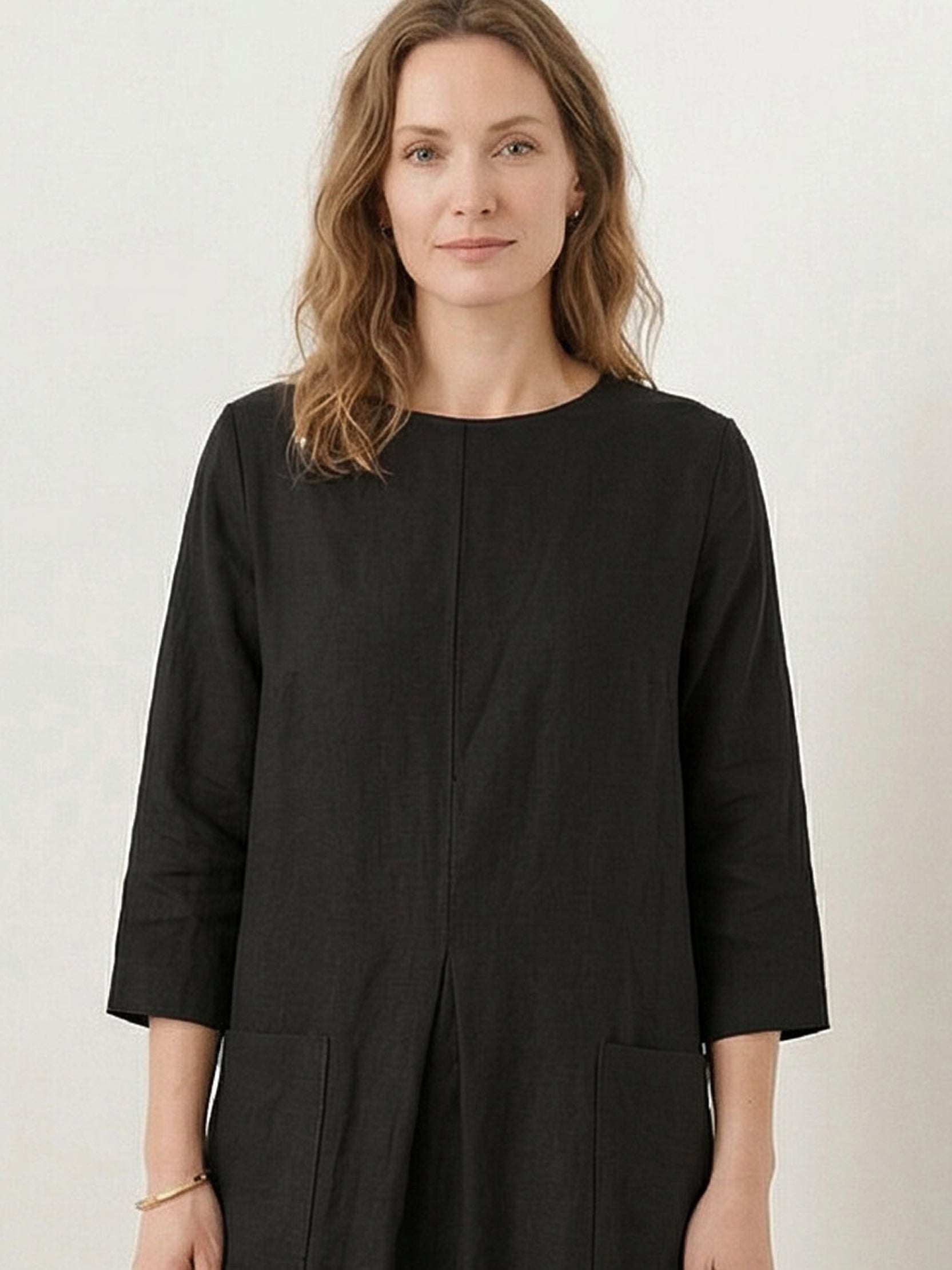 100% linen loose A-line pocket maxi dress with 3/4 sleeves and side slits