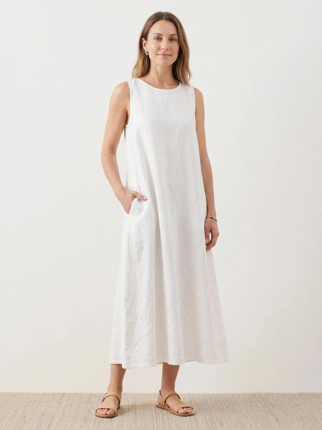 Lightweight cotton linen sleeveless maxi dress with round neckline and loose ankle-length silhouette