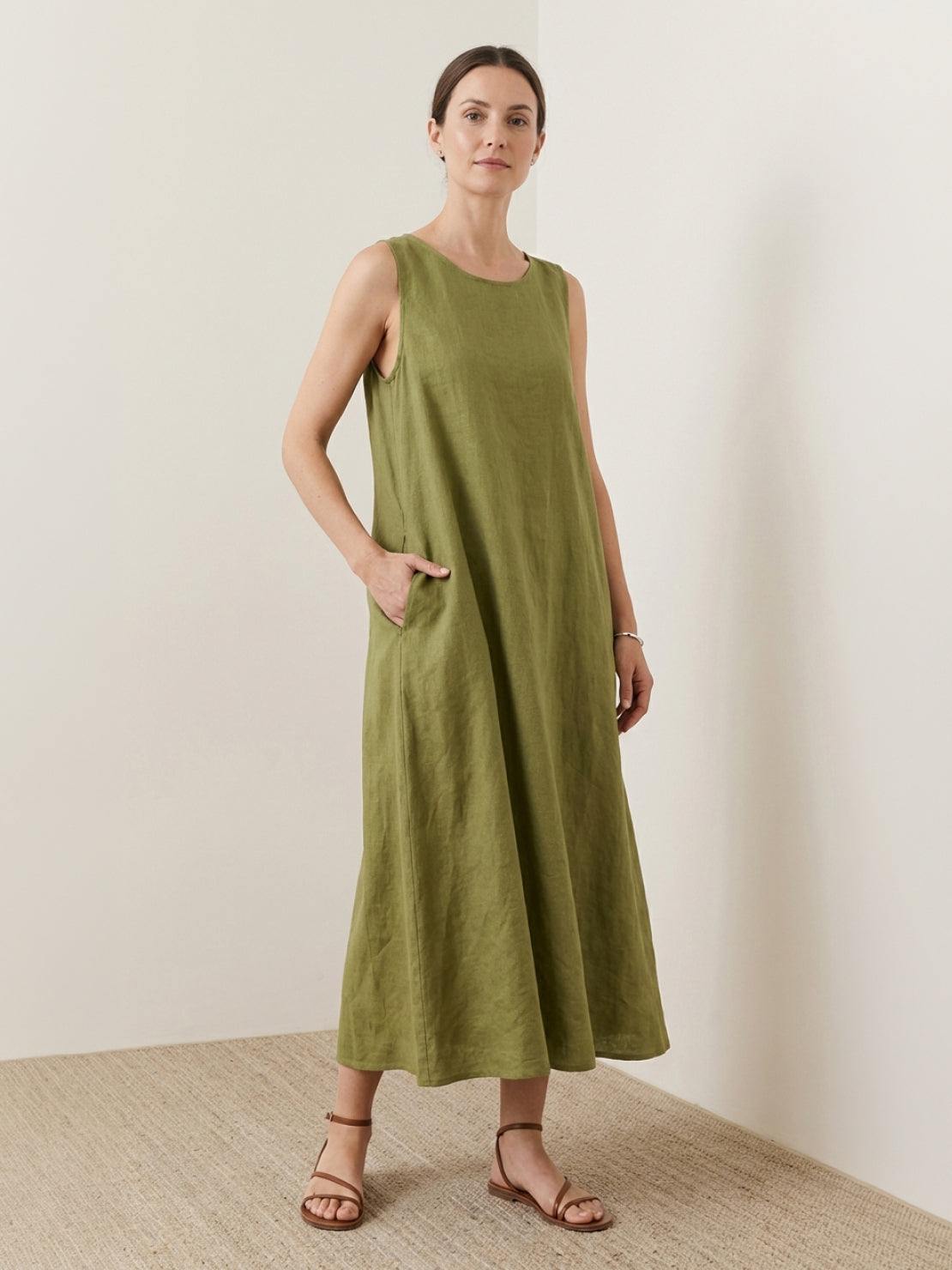 Lightweight cotton linen sleeveless maxi dress with round neckline and flowing ankle-length silhouette