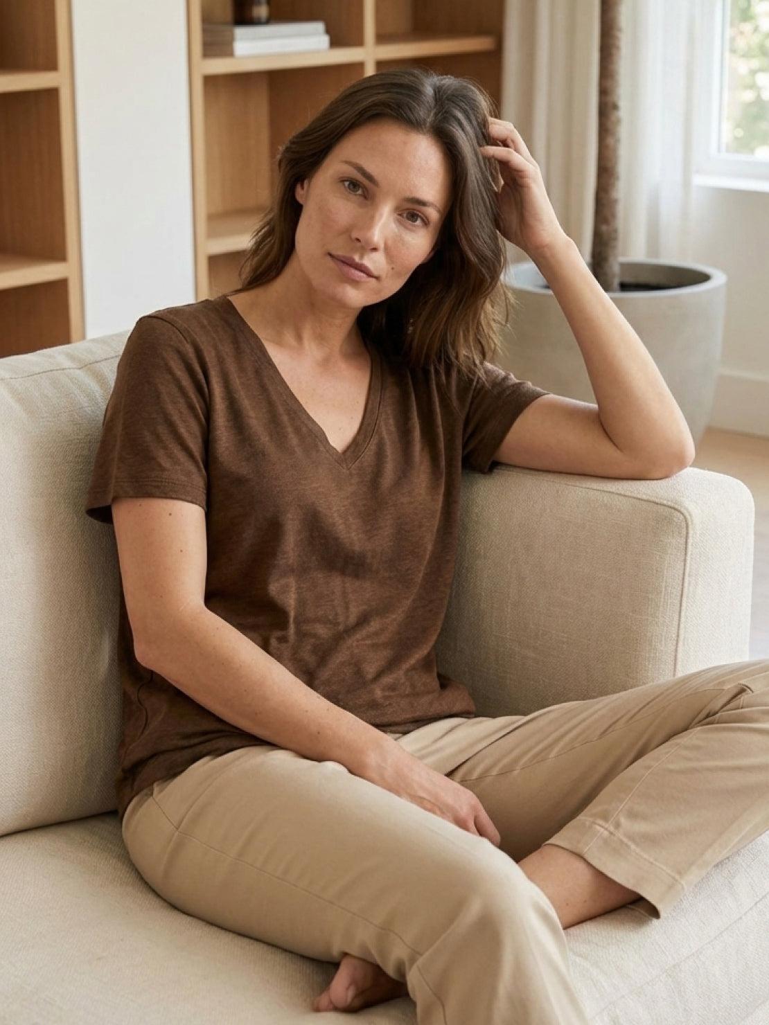 Relaxed linen-bamboo V-neck tee with deep neckline and smooth drape