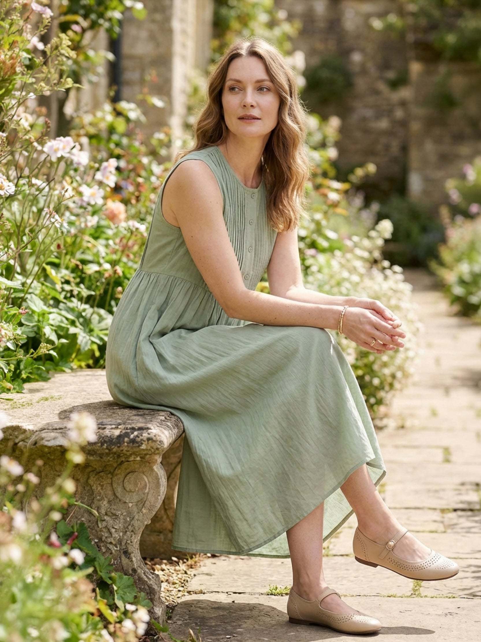 Women’s sleeveless cotton linen pleated midi dress with pintuck bodice and empire waist A-line skirt