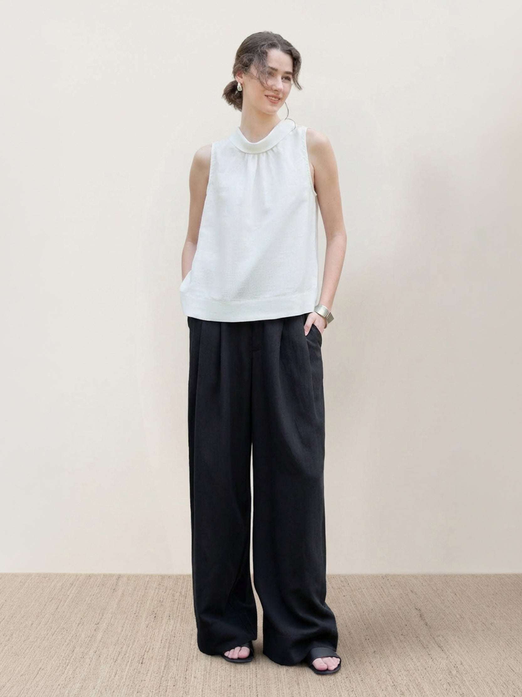 100% linen sleeveless top with cowl collar and boxy, A-line silhouette