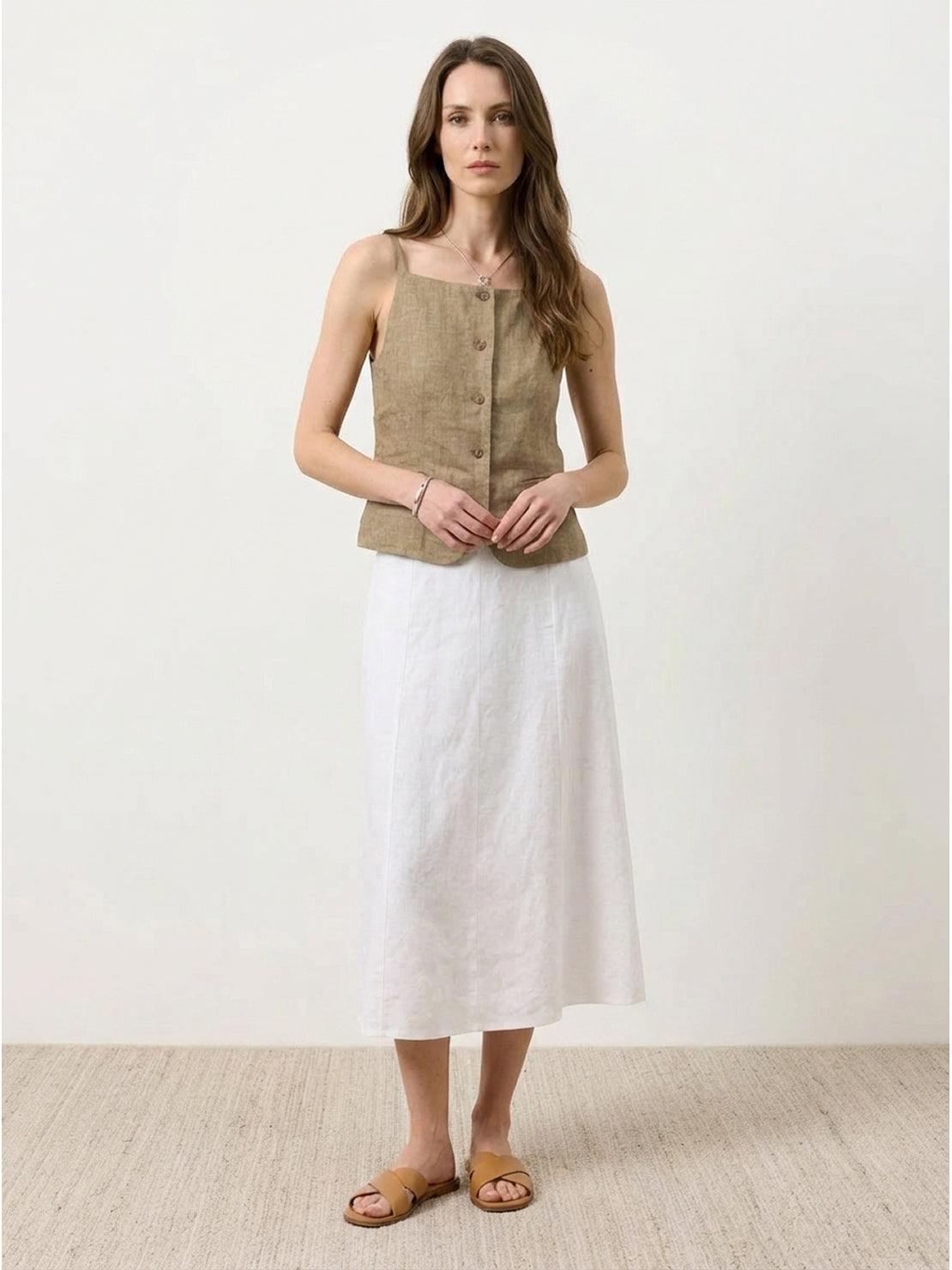 100% linen yarn-dyed vest with fitted silhouette, square neckline, button-front, curved hem, and welt pockets
