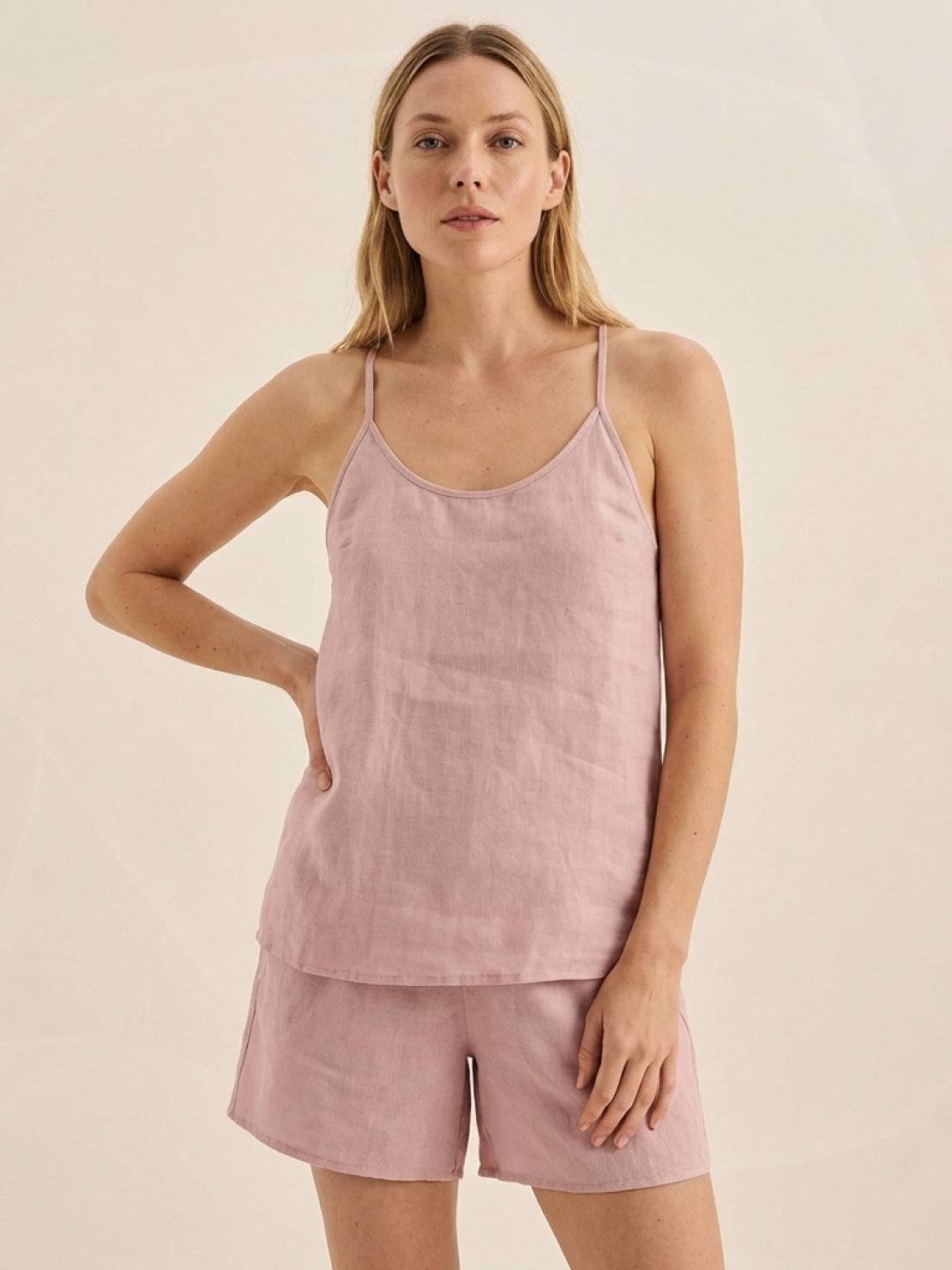 Linen-Lyocell cami set with boxy camisole, crossback straps, and relaxed mid-thigh shorts