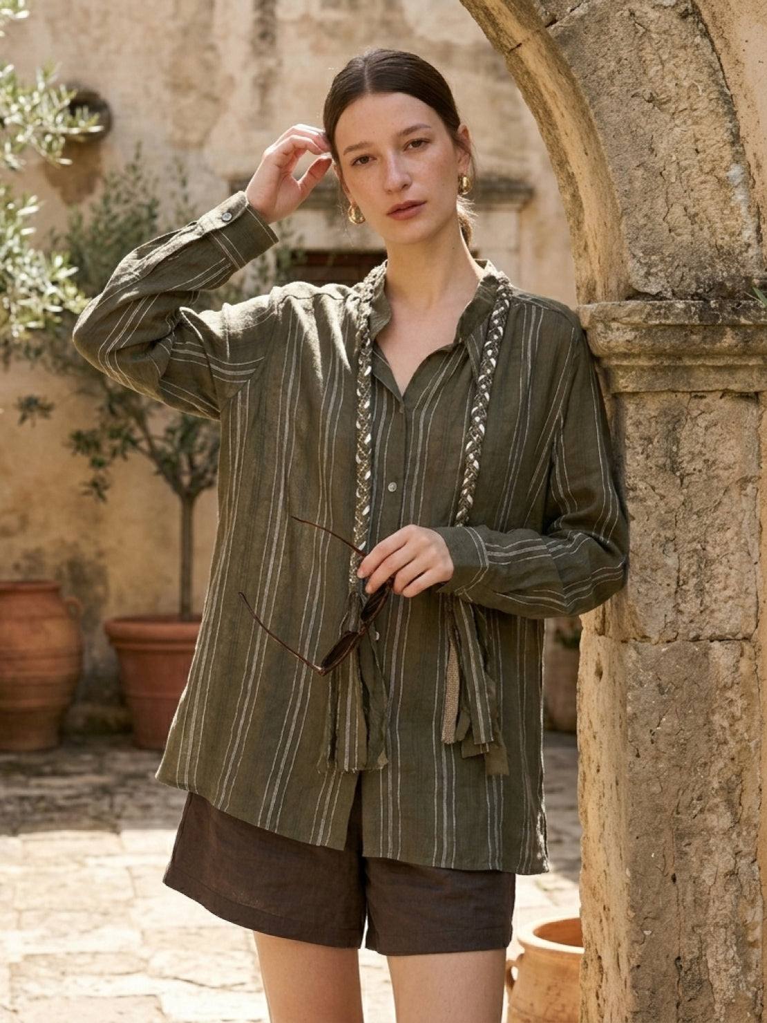 Linen-cotton striped shirt with tassel trim, relaxed fit, drop shoulder, vertical stripes, and braided collar detail