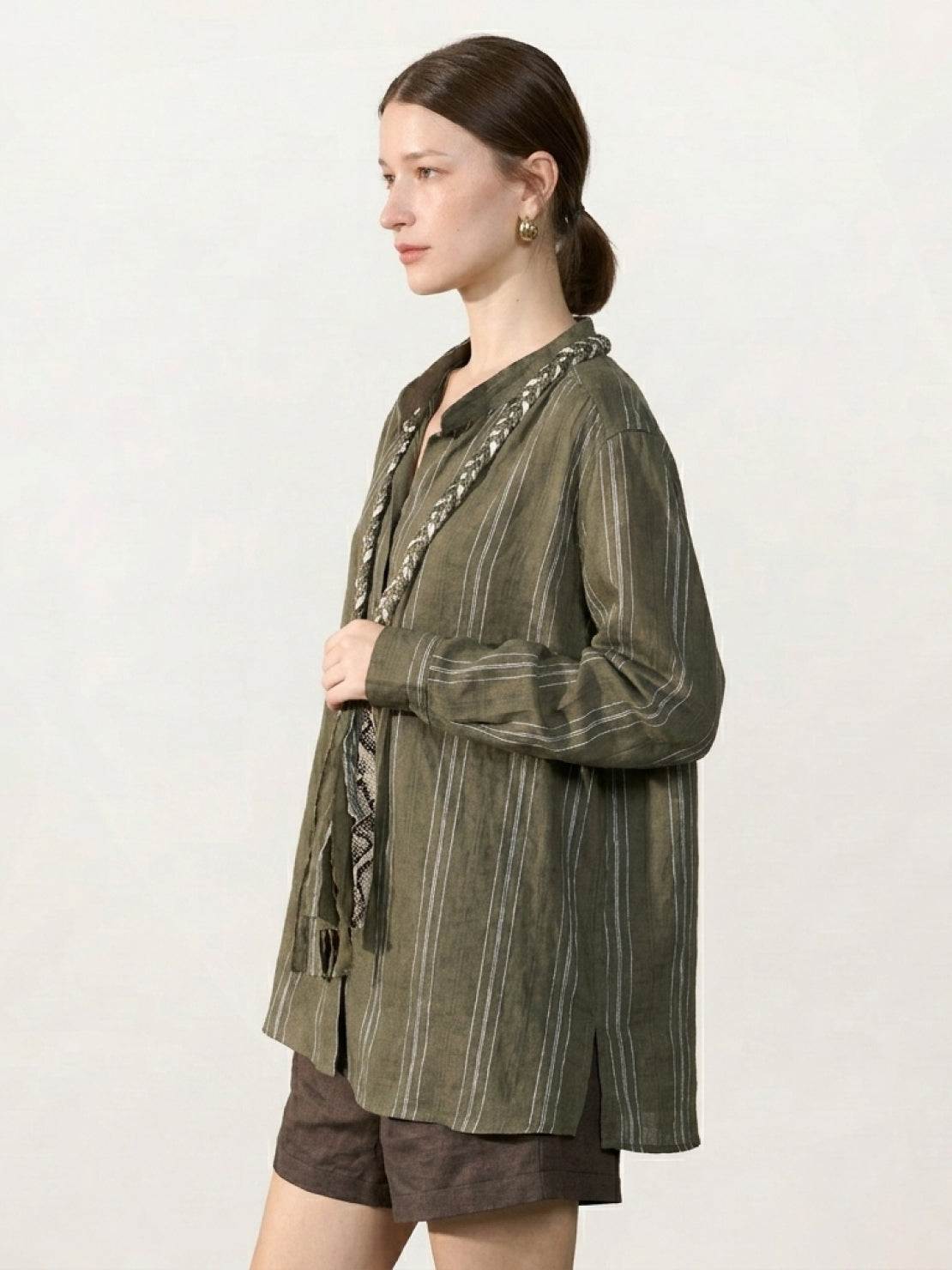 Linen-cotton striped shirt with tassel trim, relaxed fit, and braided collar detail