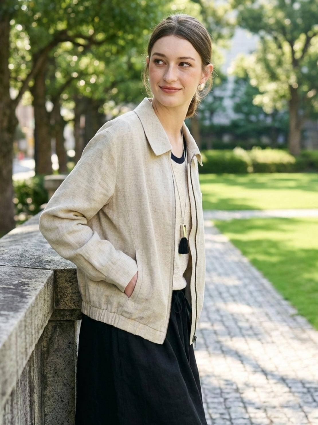 Linen-Lyocell zip bomber jacket with cropped boxy fit and ribbed waistband on white background