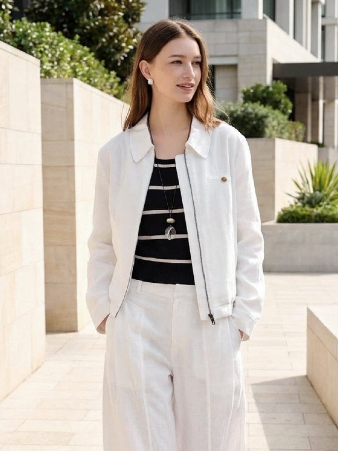 Linen-Lyocell zip bomber jacket with cropped boxy fit and ribbed waistband