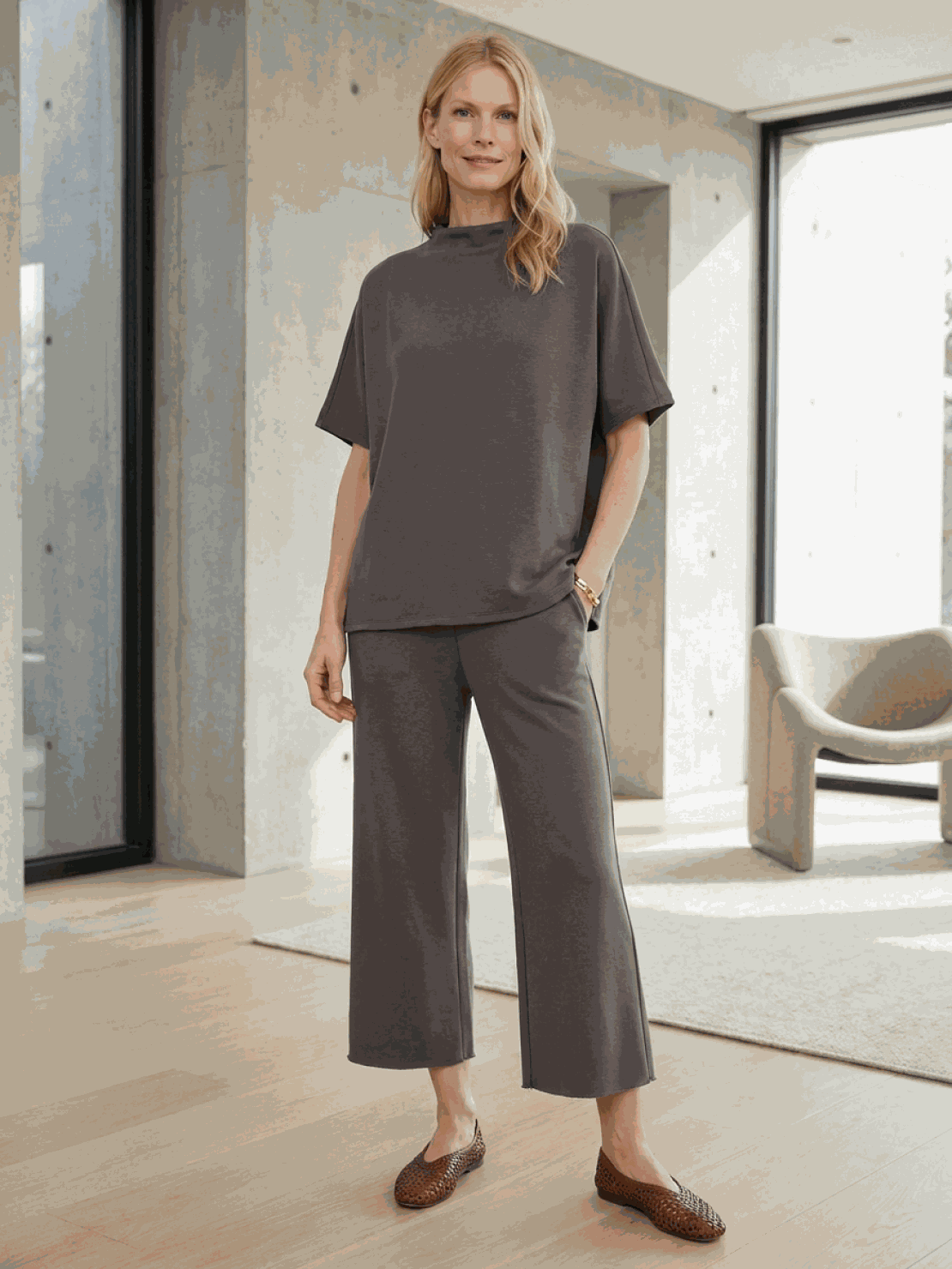 Cotton-blend capelet top with batwing sleeves and wide-leg pants lounge set in multiple colors