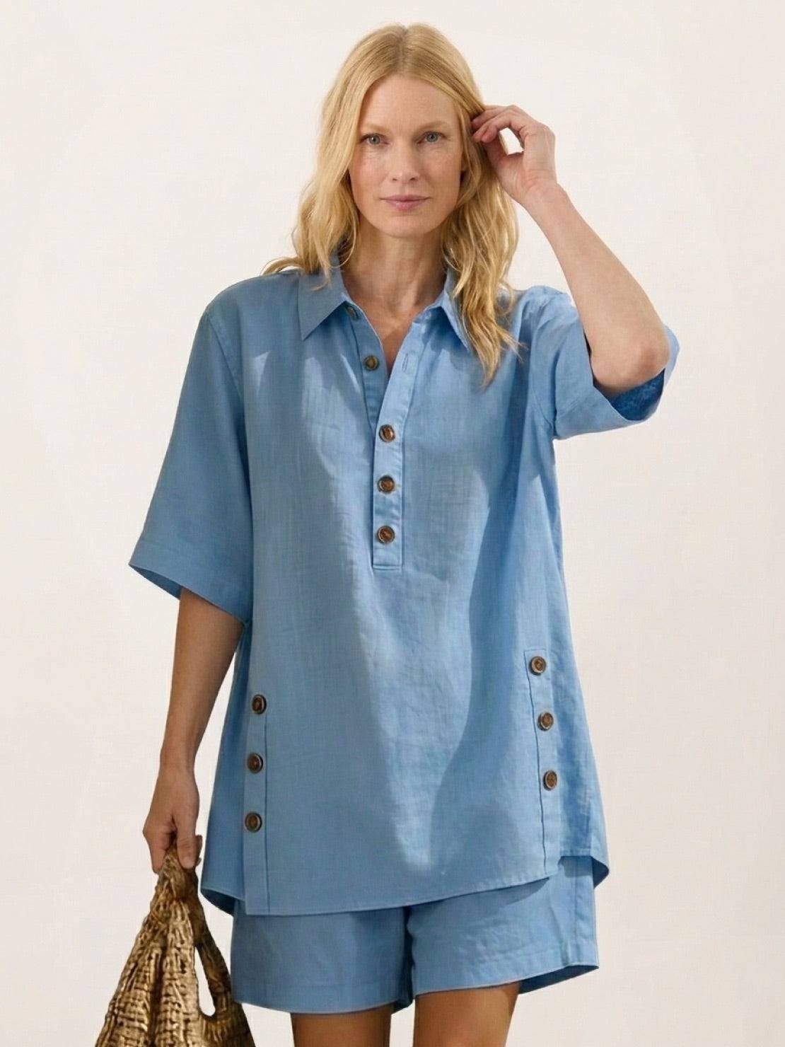 100% cotton beige co-ord set with oversized button-front top and relaxed shorts