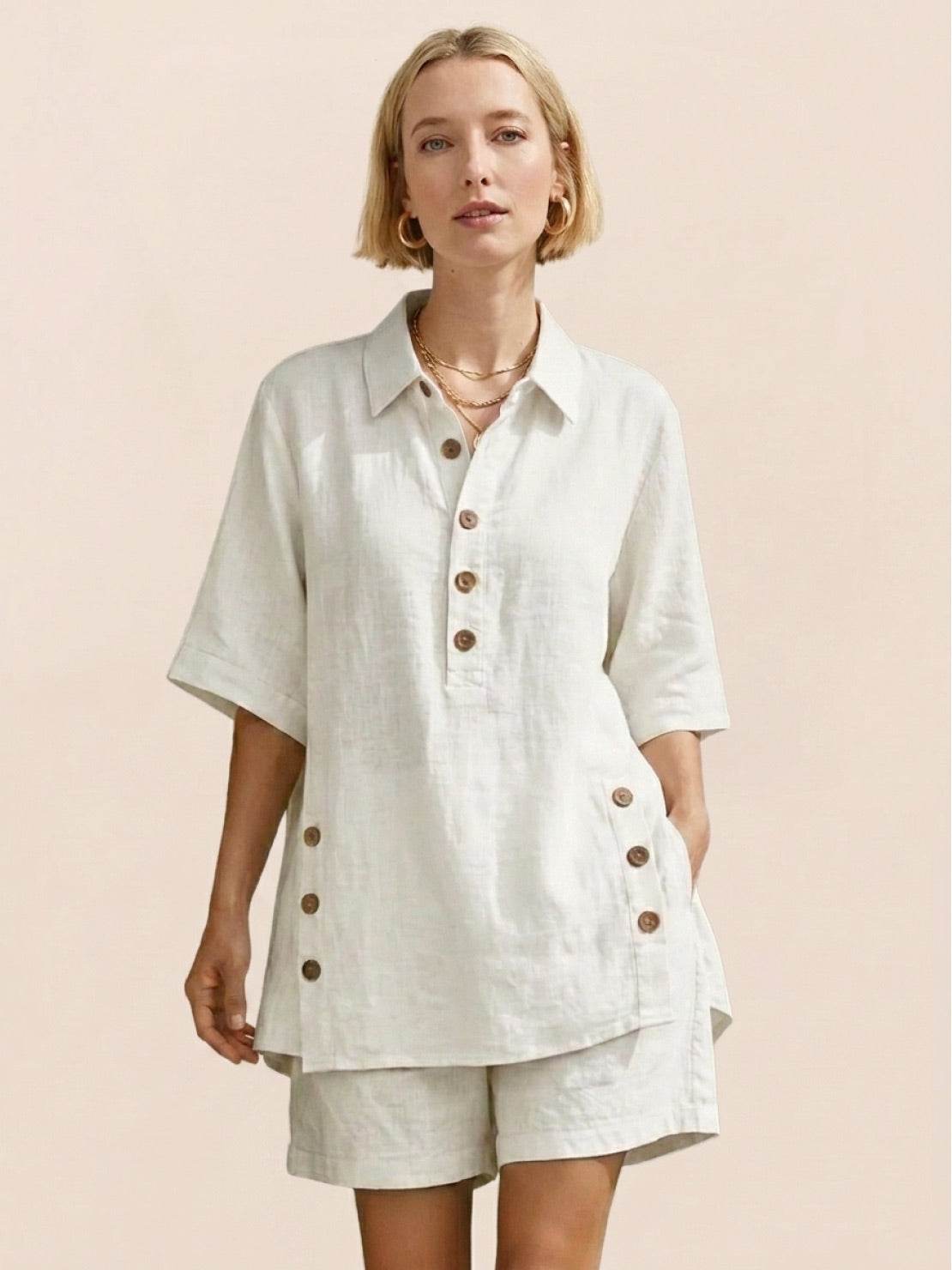 Lightweight 100% cotton co-ord set with oversized button-front top and relaxed shorts in neutral tones