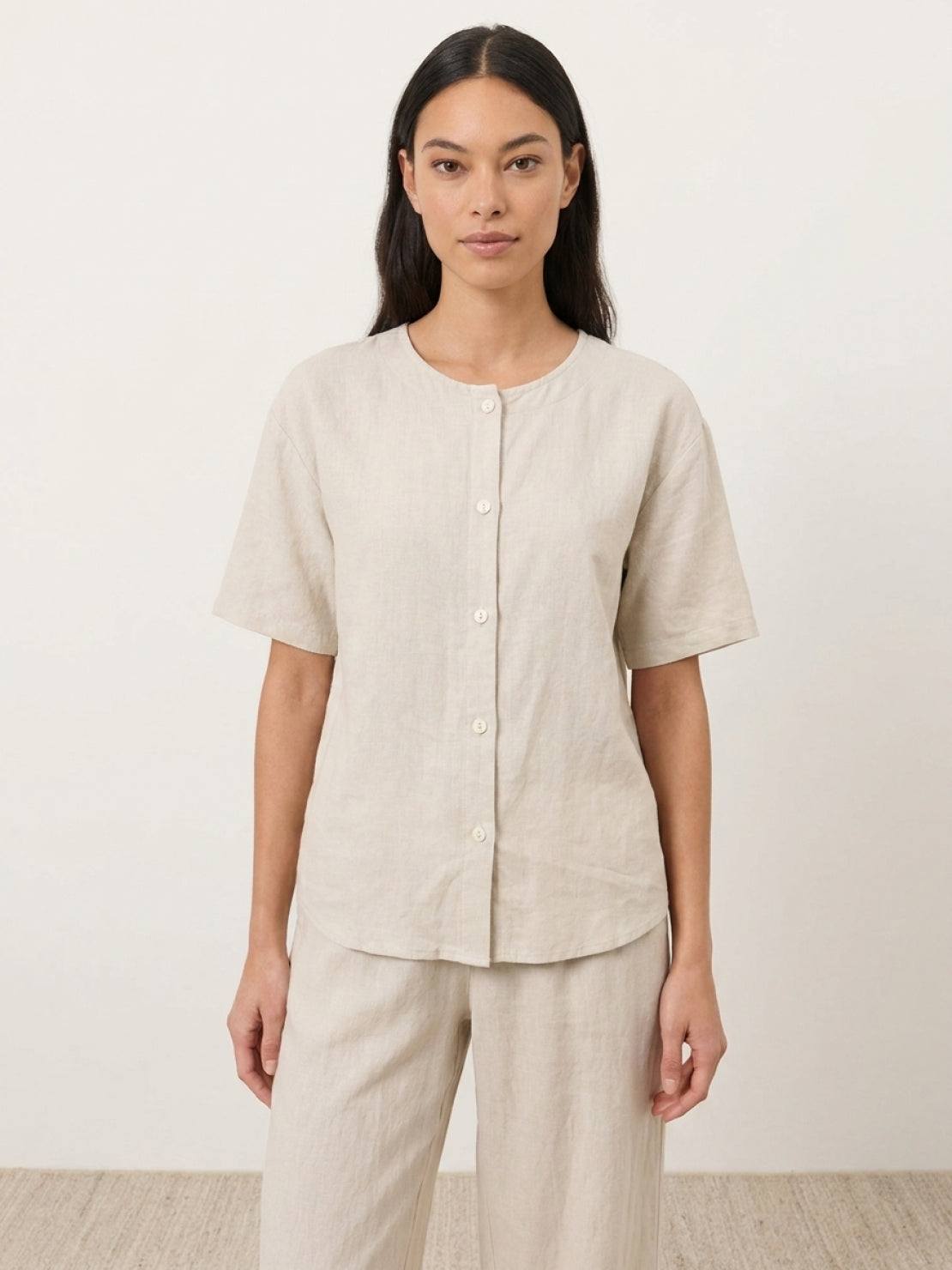100% cotton two-piece set with button-front shirt and wide-leg pants in solid soft colors