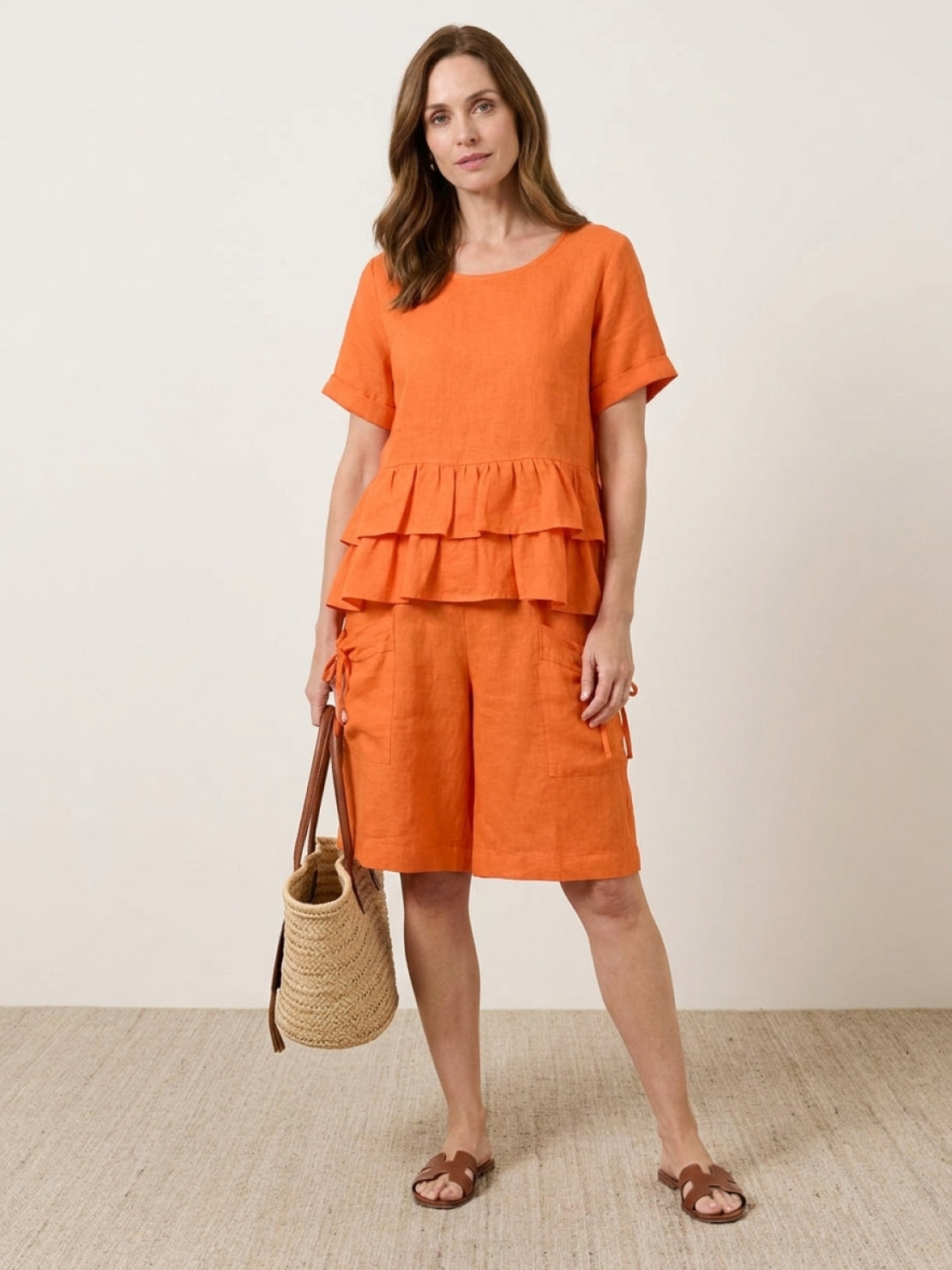Cotton relaxed shorts and matching ruffle top two-piece co-ord set in lightweight fabric