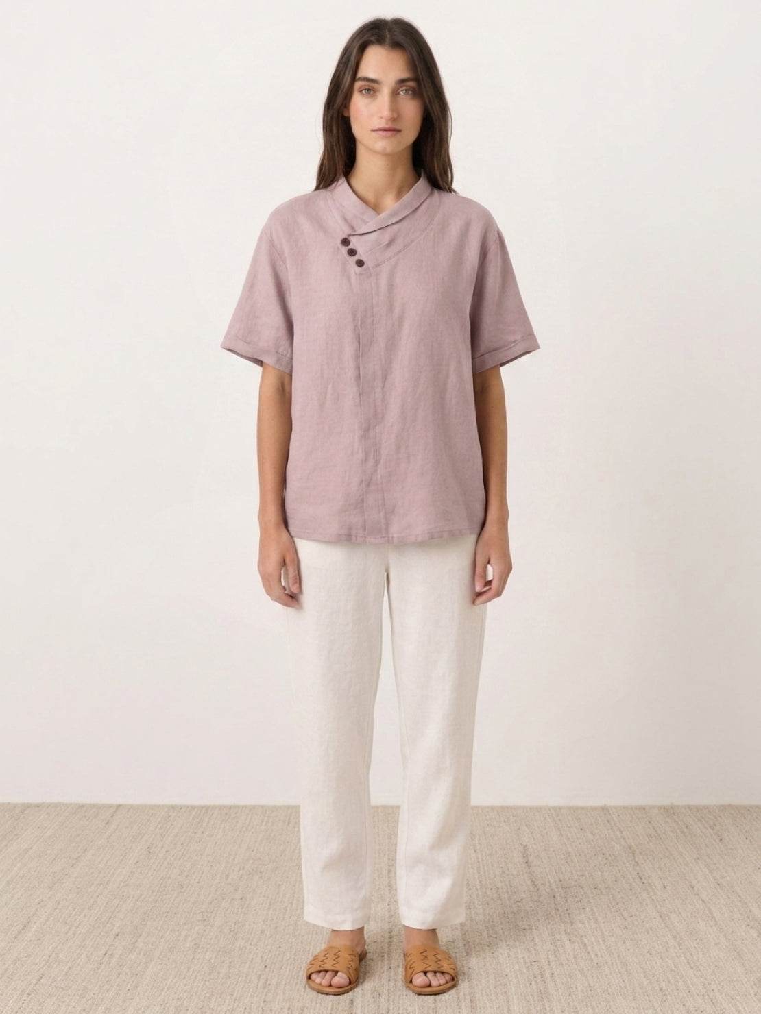 100% linen relaxed V-neck top with asymmetric button detail and short sleeves