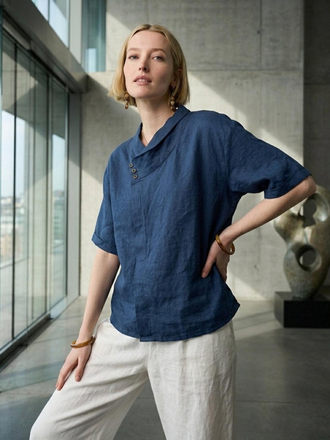 100% linen relaxed V-neck top with asymmetric button detail and short sleeves in navy blue