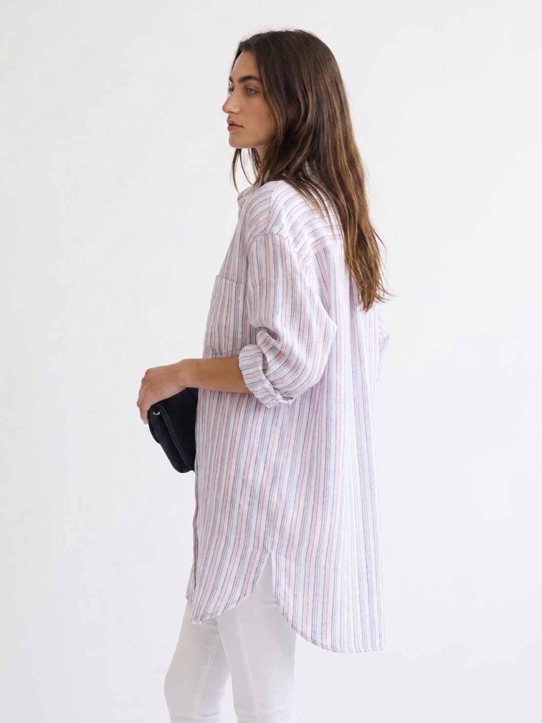 Relaxed oversized linen shirt with sorbet stripe and back pleat detail