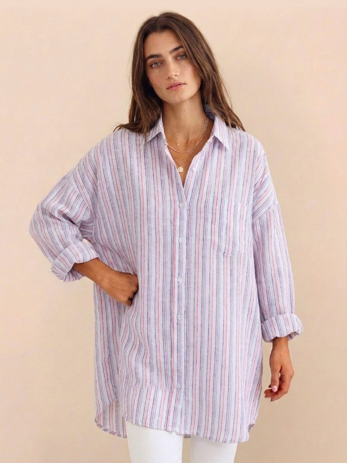 Relaxed oversized linen shirt with dropped shoulders and back-pleat detail in sorbet stripe design