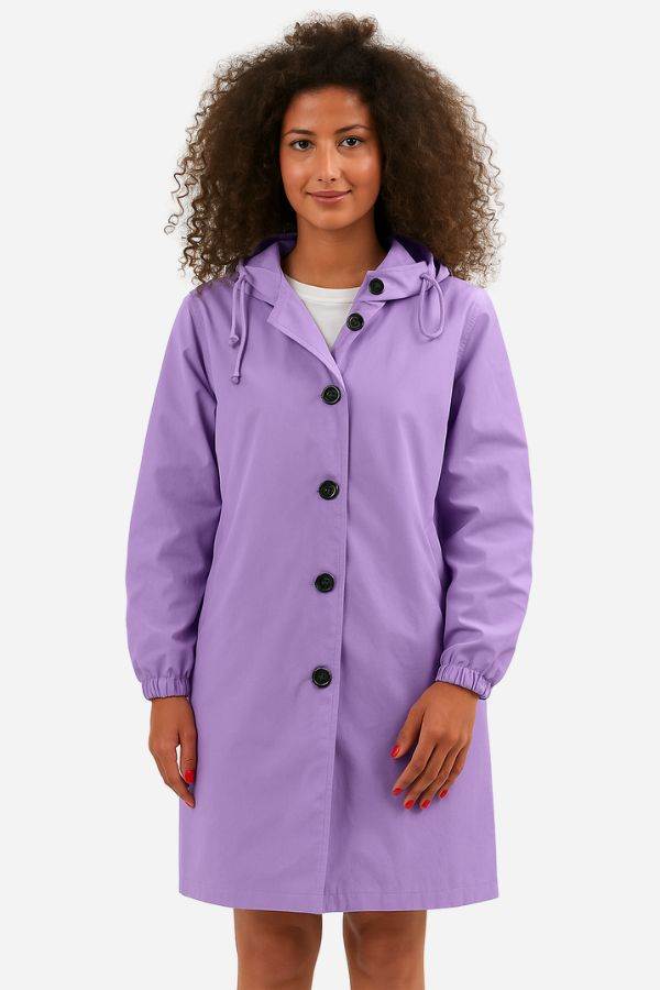 Water resistant oversized windbreaker rain jacket in purple with hood and button closure