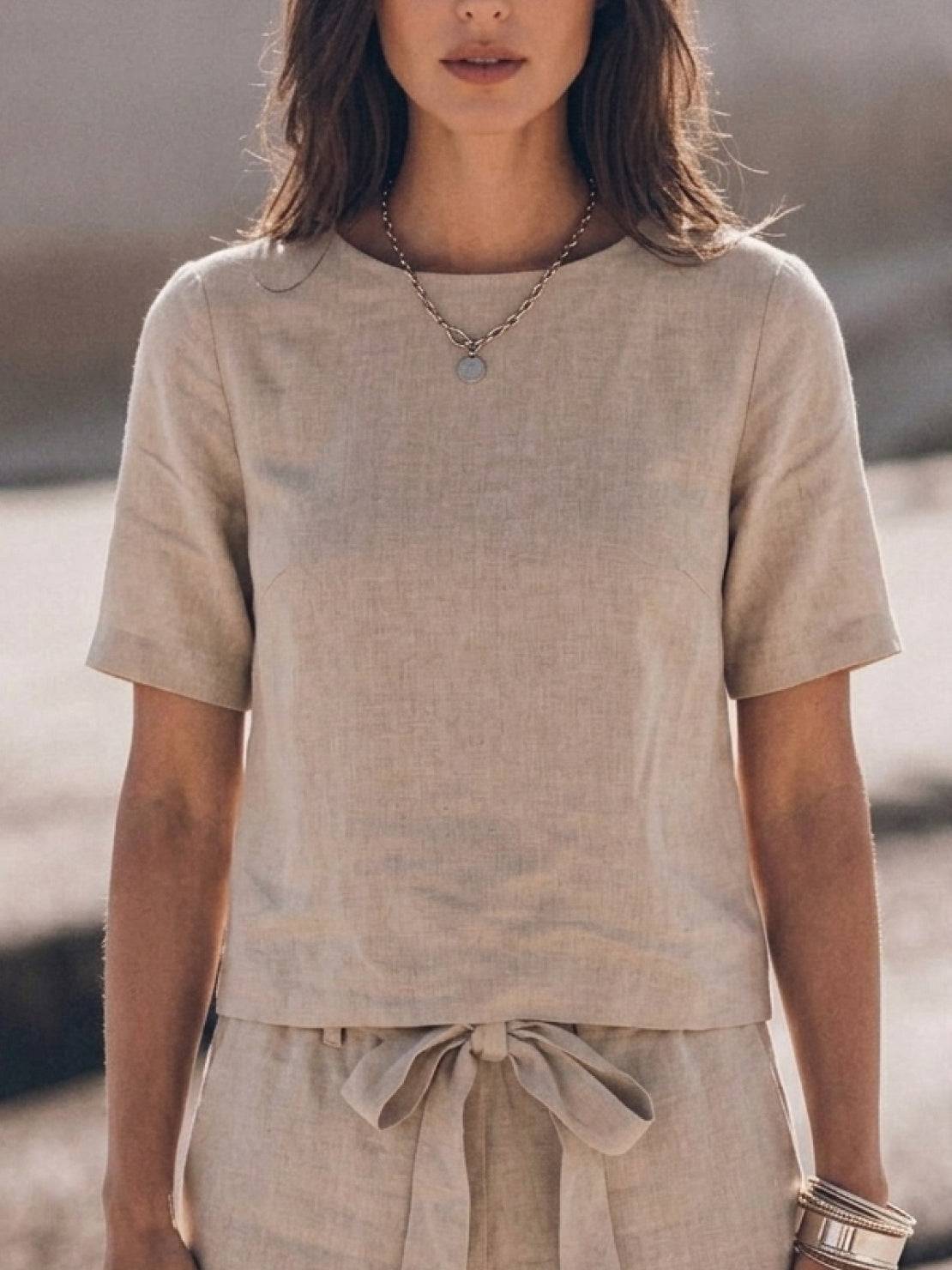 Breathable cotton-linen set with relaxed short-sleeve top and straight-leg pants in monochrome tones