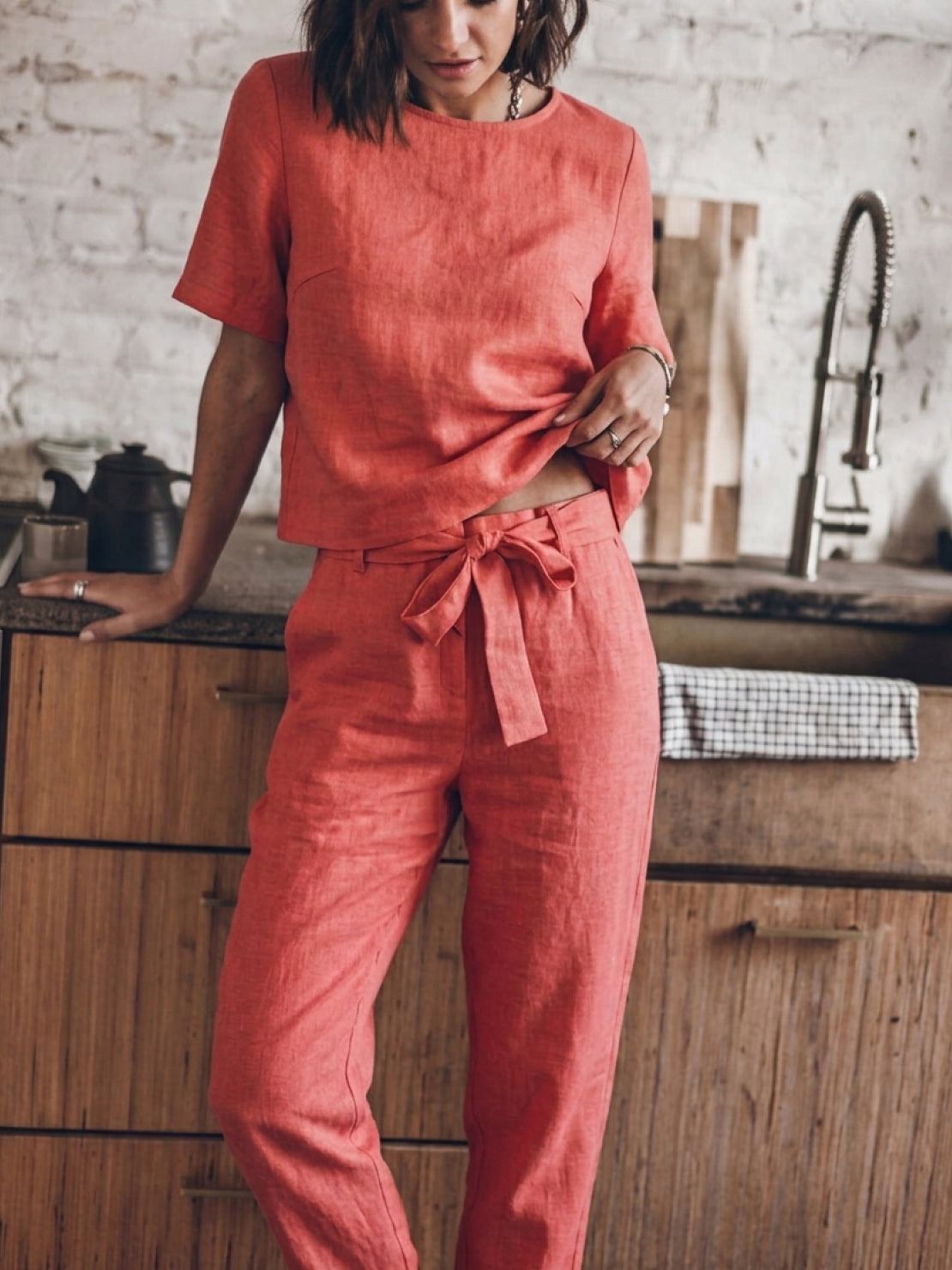breathable cotton-linen set with relaxed short-sleeve top and straight-leg pants in monochrome tones