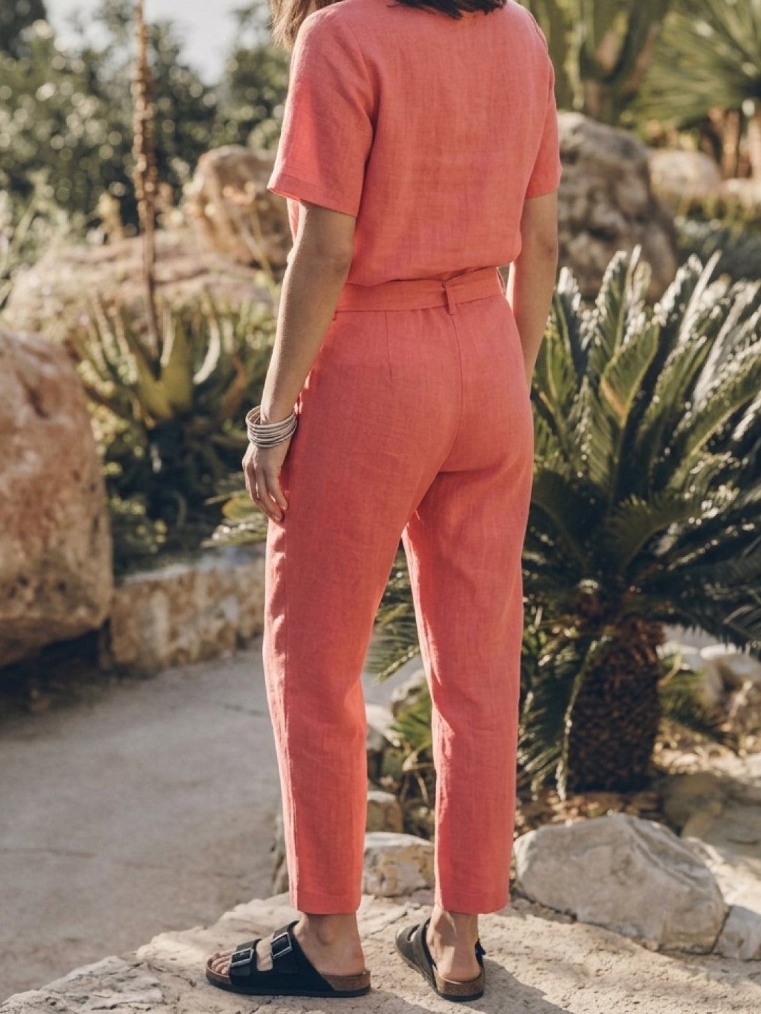 Cotton-linen monochrome two-piece set with relaxed short-sleeve top and straight-leg pants on model