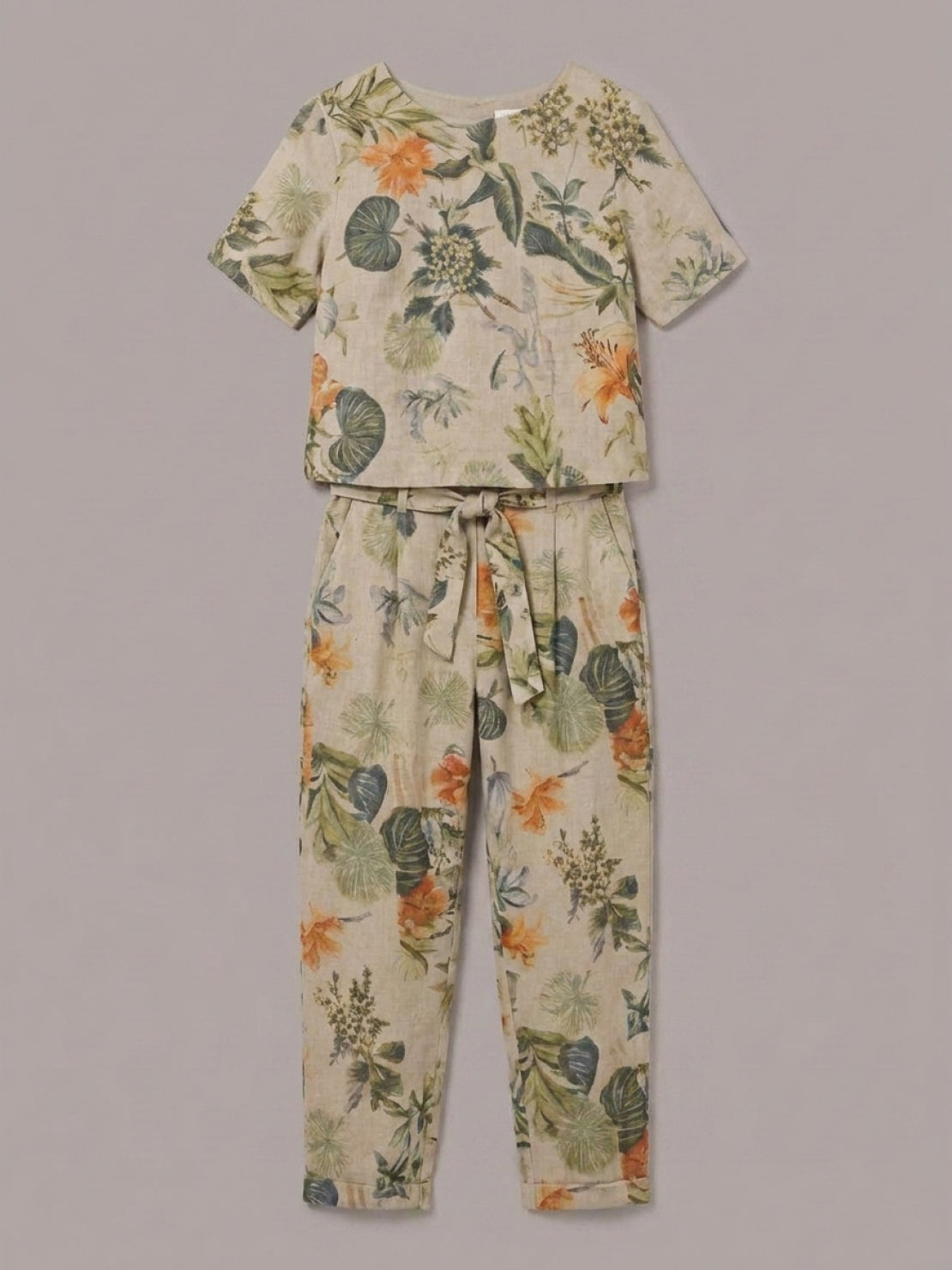 women's relaxed cotton-linen set with short-sleeve top and straight-leg pants in monochrome hues