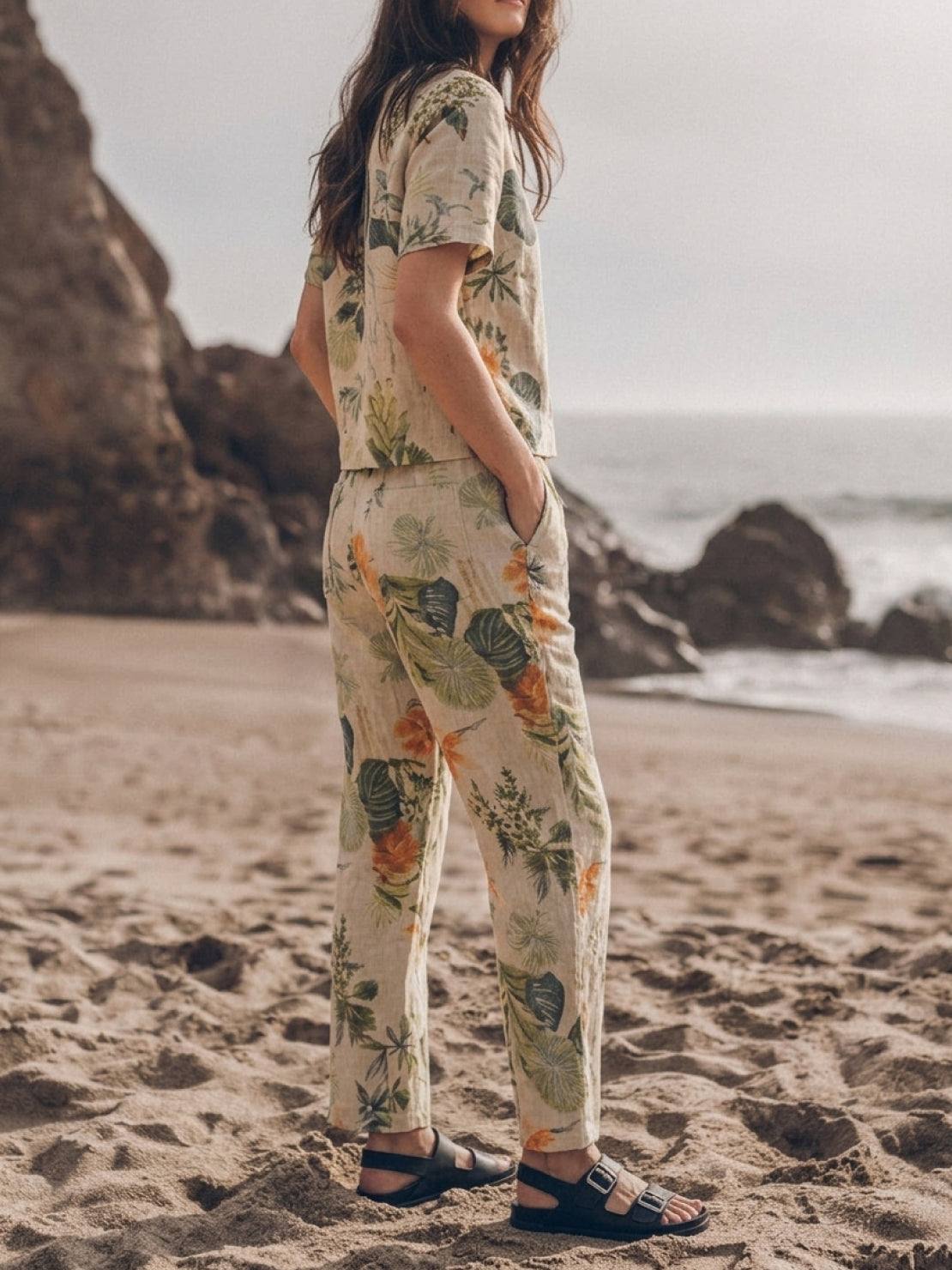 Cotton-linen set with relaxed short-sleeve top and straight-leg pants in a breathable monochrome blend