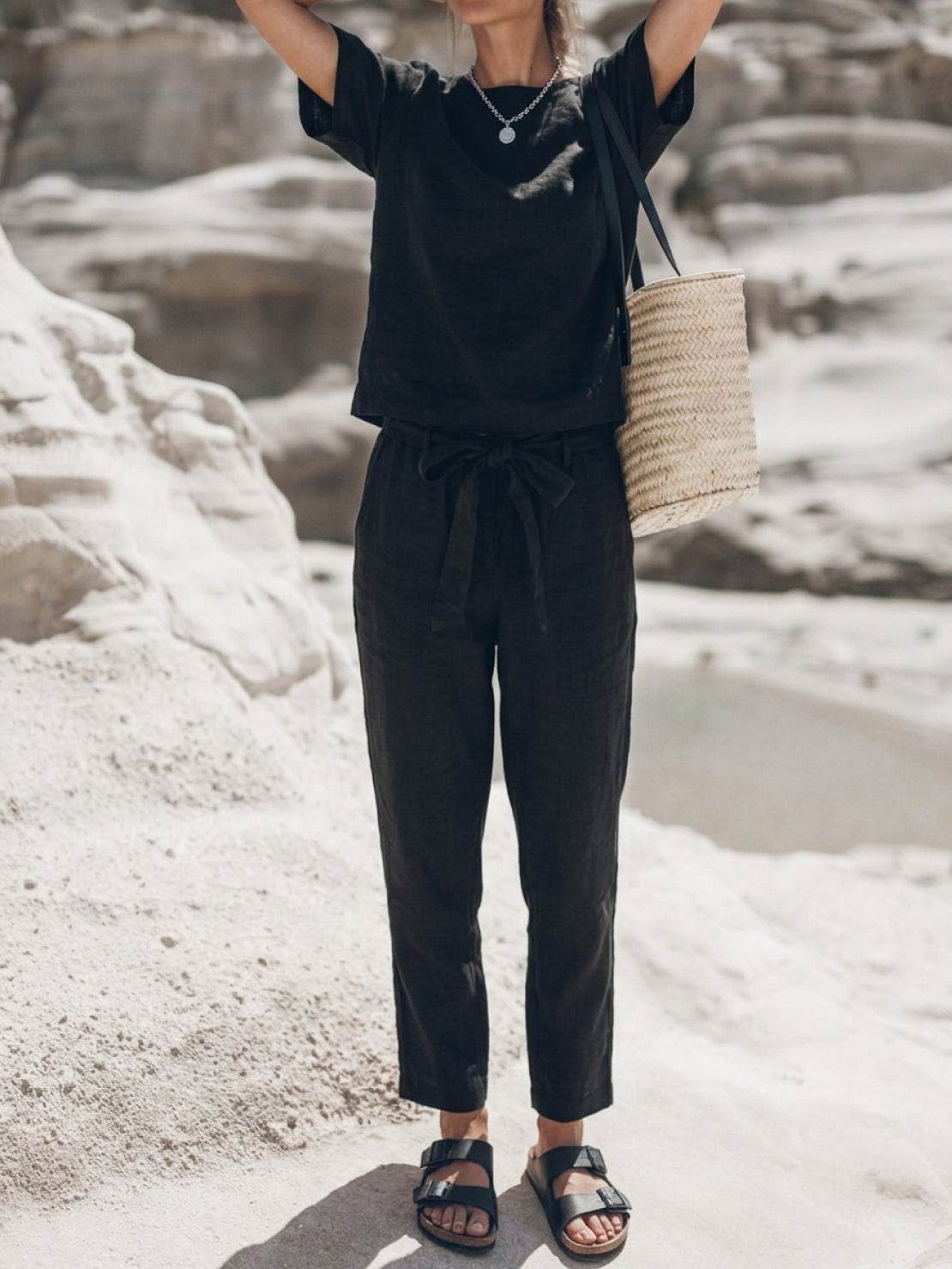 cotton-linen set three-piece monochrome capsule outfit breathable relaxed fit