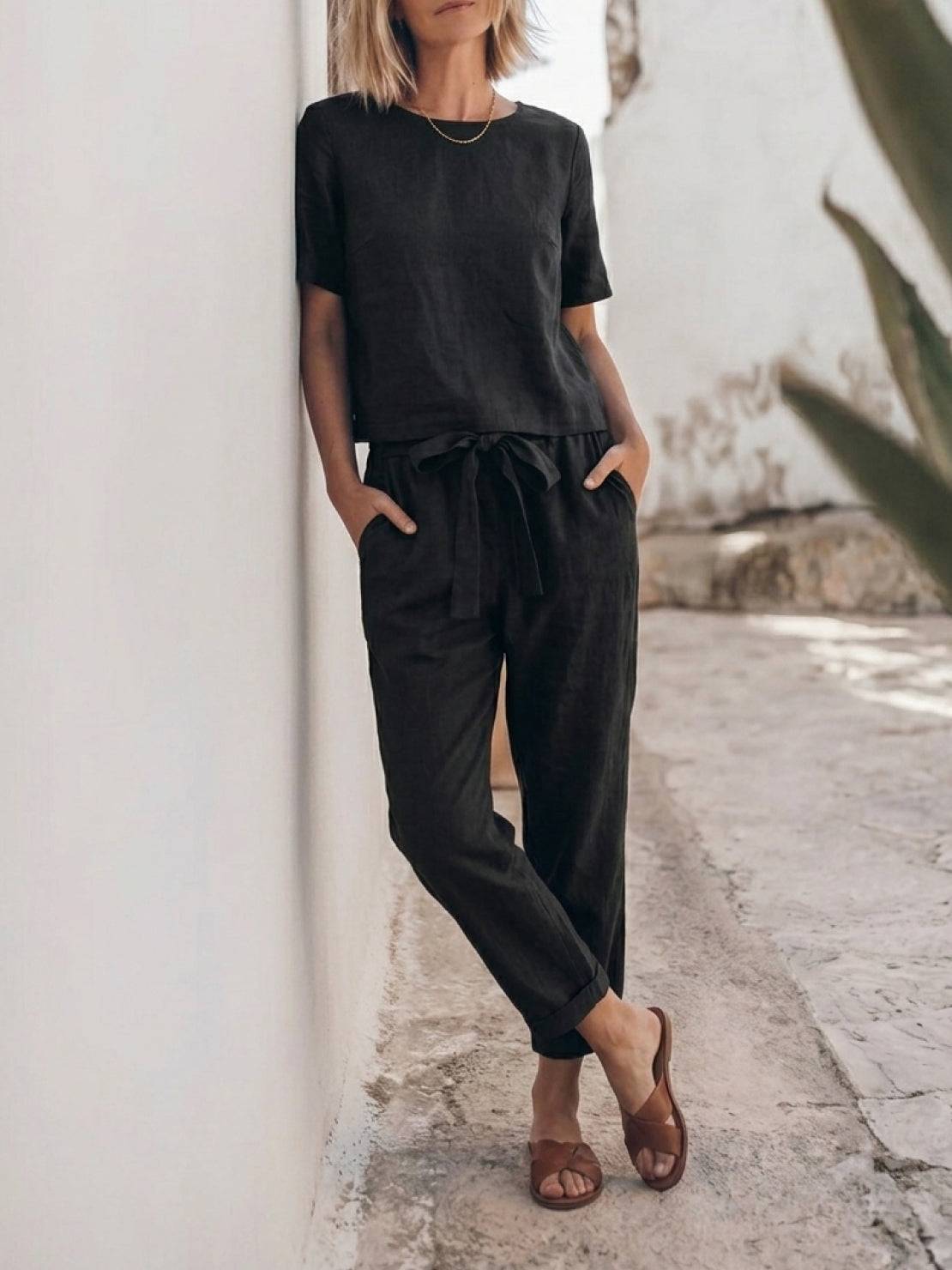 Cotton-linen set in relaxed two-piece monochrome outfit with breathable fabric and natural texture