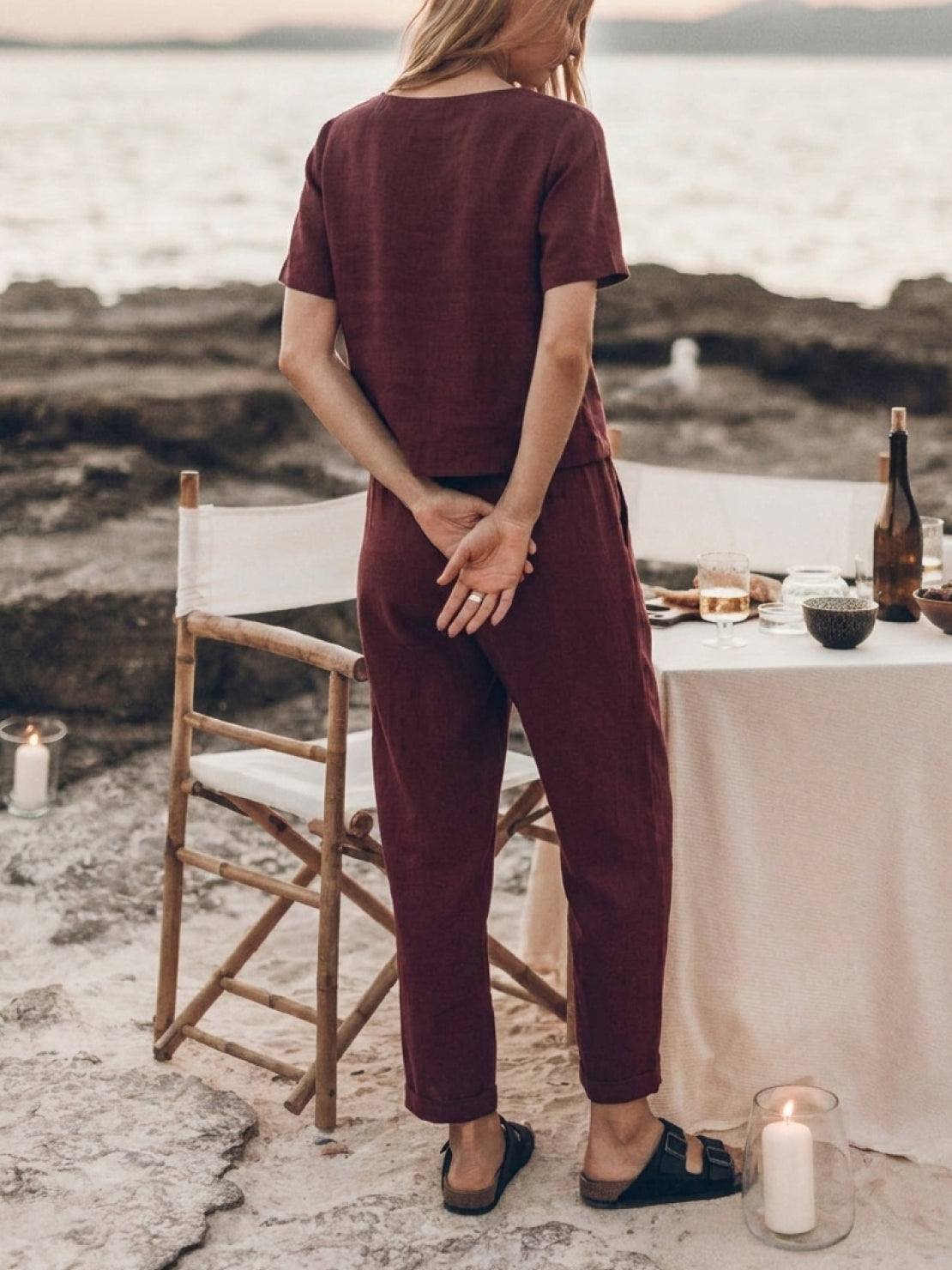 Cotton-linen set three-piece capsule with relaxed short-sleeve top and straight-leg pants in soft breathable fabric