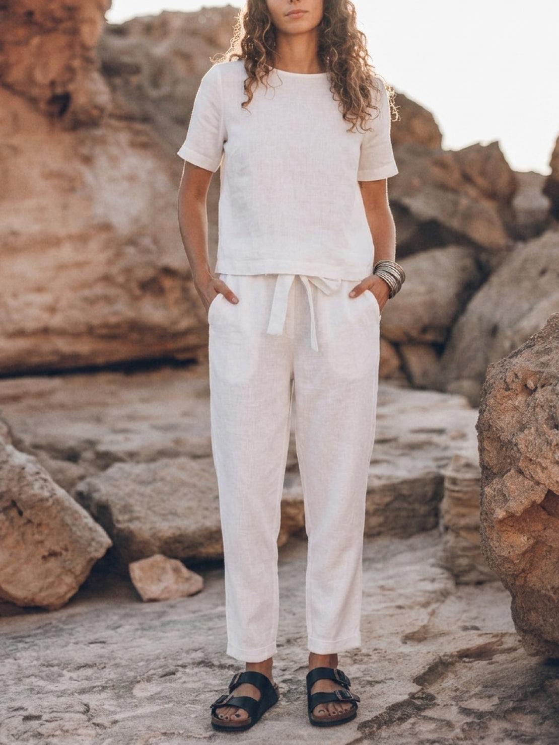 Cotton-linen set in relaxed short-sleeve top and straight-leg pants with breathable natural texture