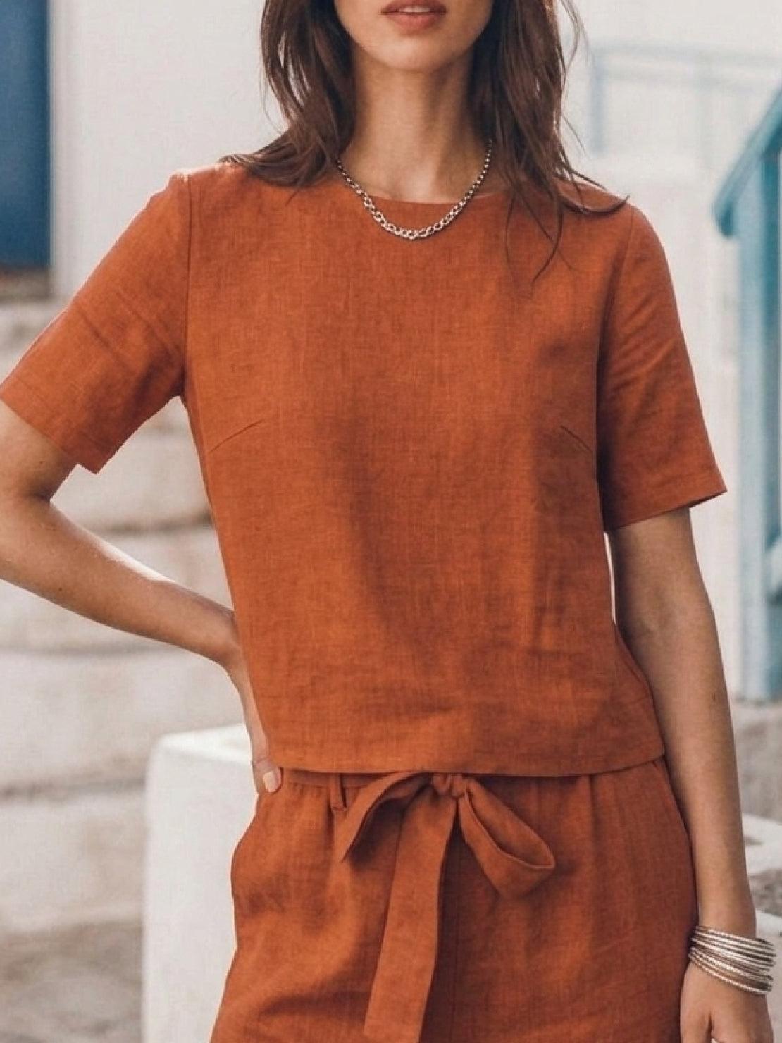 Cotton-linen set with relaxed short-sleeve top and straight-leg pants in soft breathable fabric