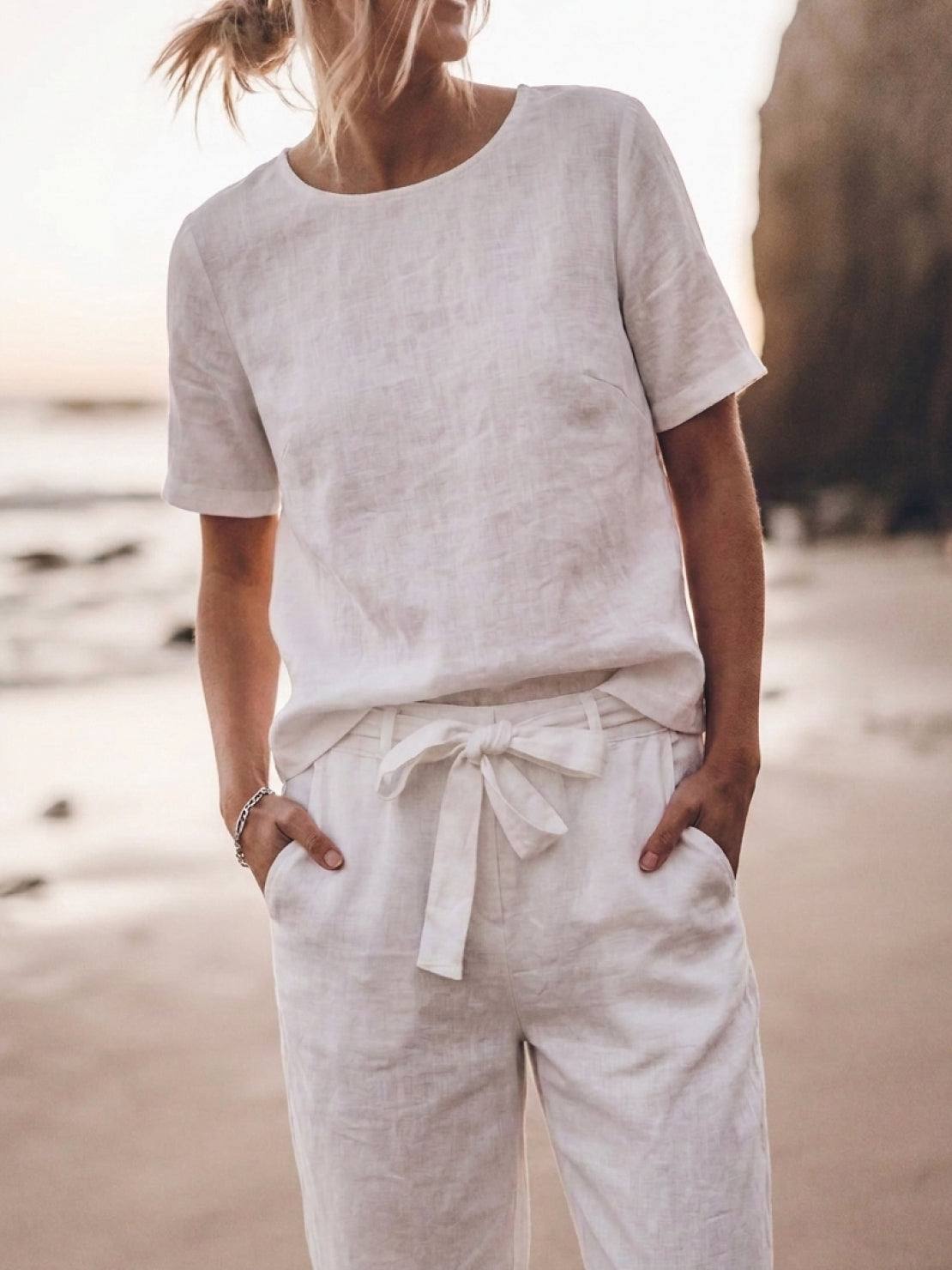 Cotton-linen blend relaxed two-piece set with short sleeve top and straight-leg pants in monochrome tones