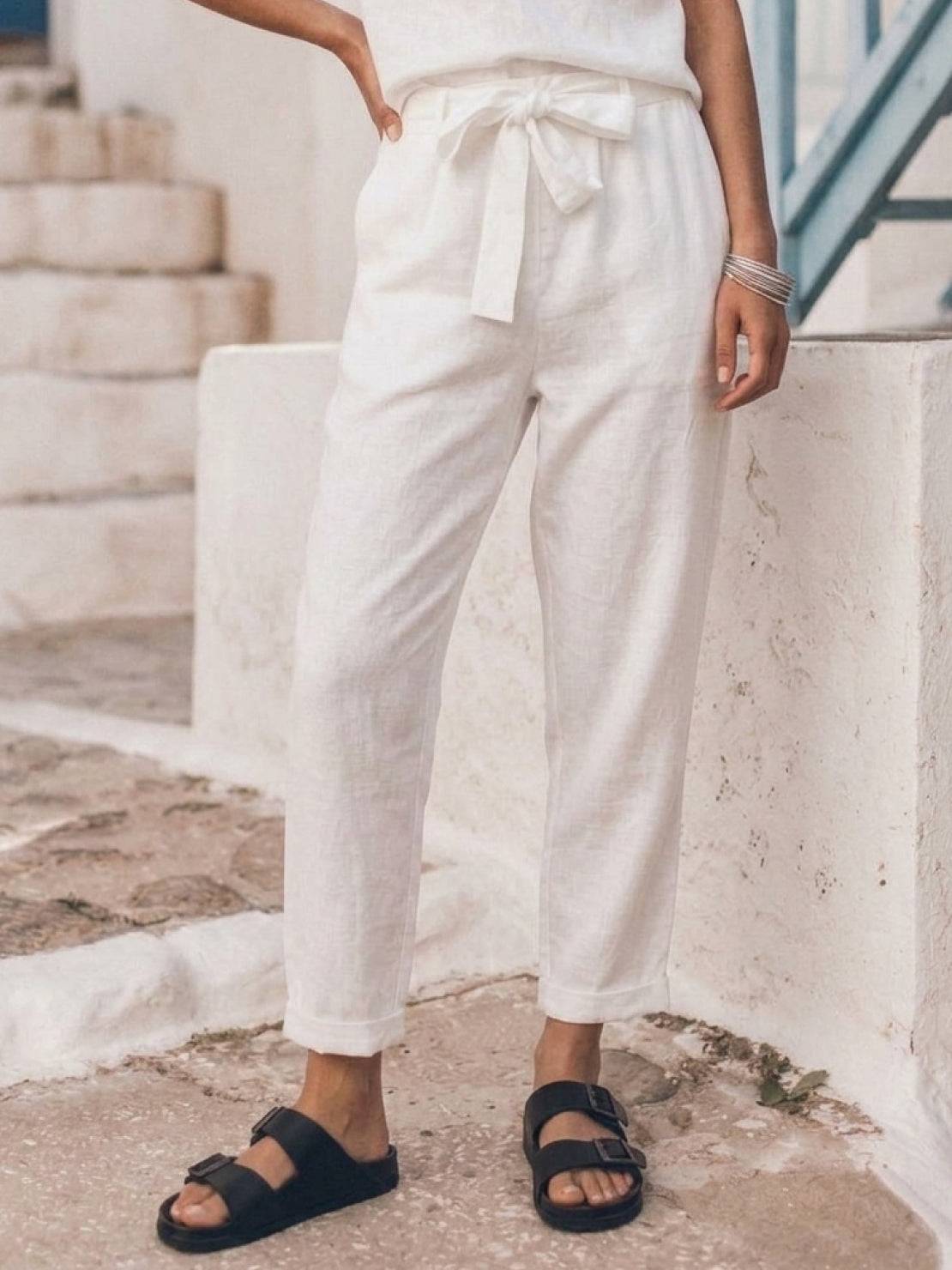 Cotton-linen set relaxed short-sleeve top and straight-leg pants in monochrome breathable fabric
