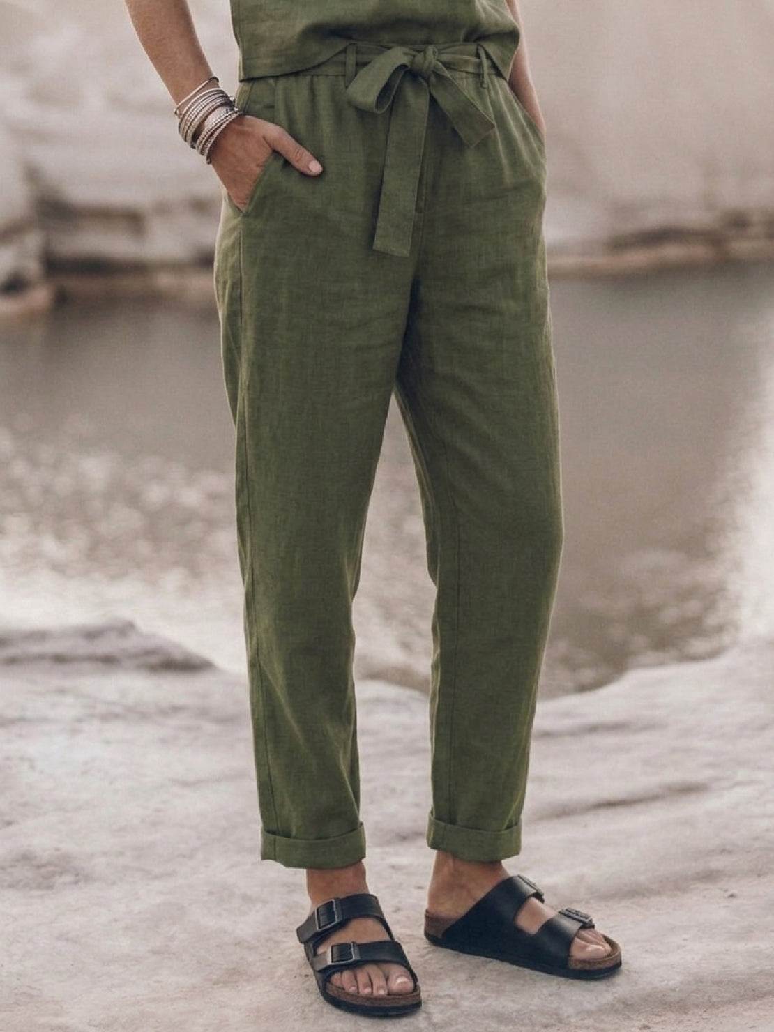 Three-piece Cotton-Linen Set featuring relaxed short-sleeve top and straight-leg pants in breathable monochrome fabric