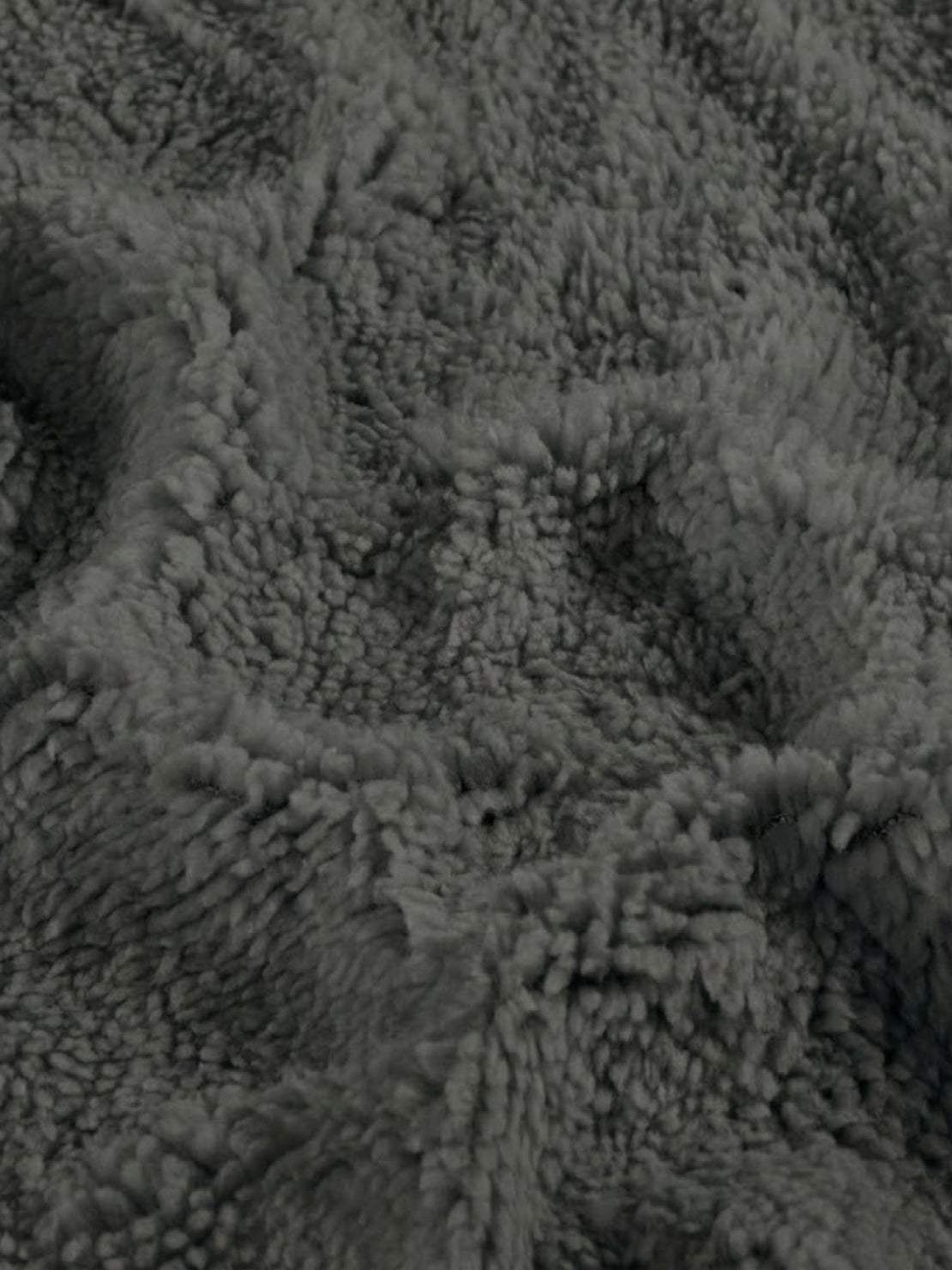 Close-up of soft gray sherpa lining fabric for everyday wear oversized coat