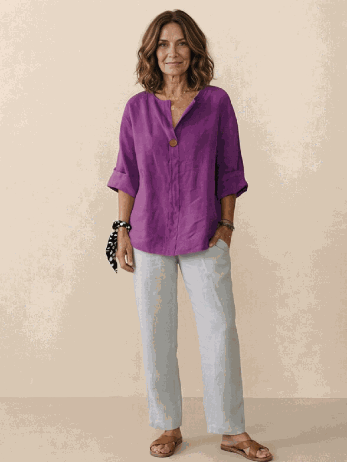 white pure linen age-defying shirt with button detail on mannequin