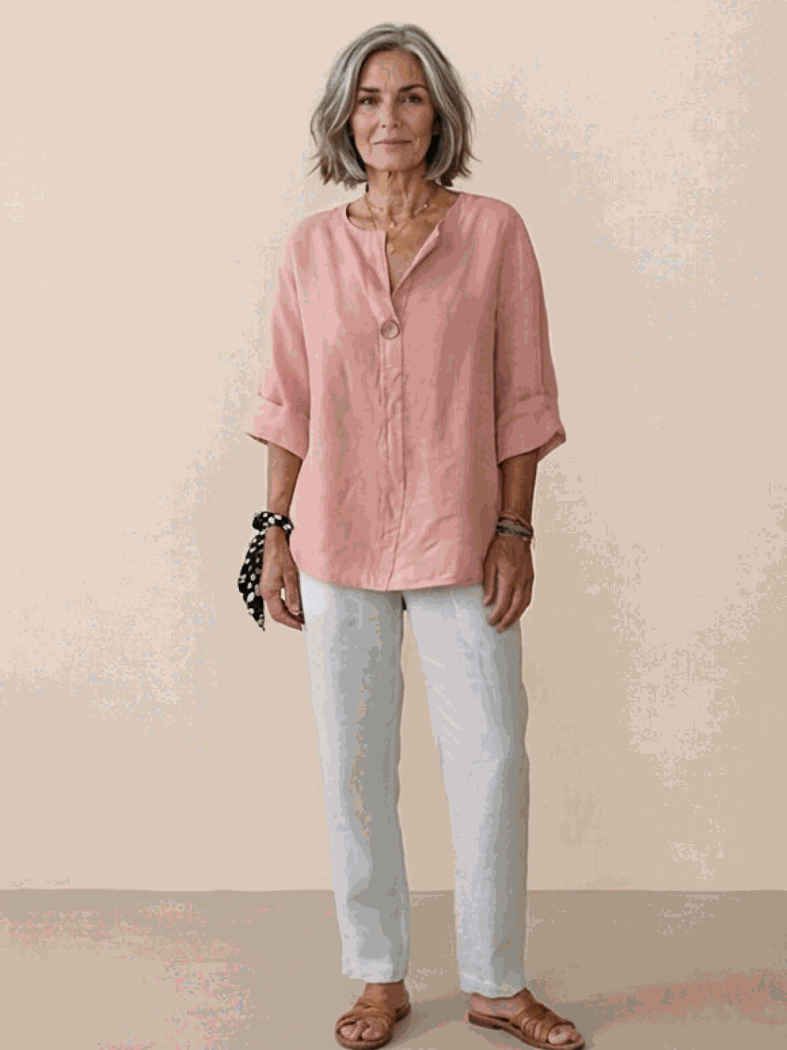 White pure linen age-defying shirt with button detail on hanger