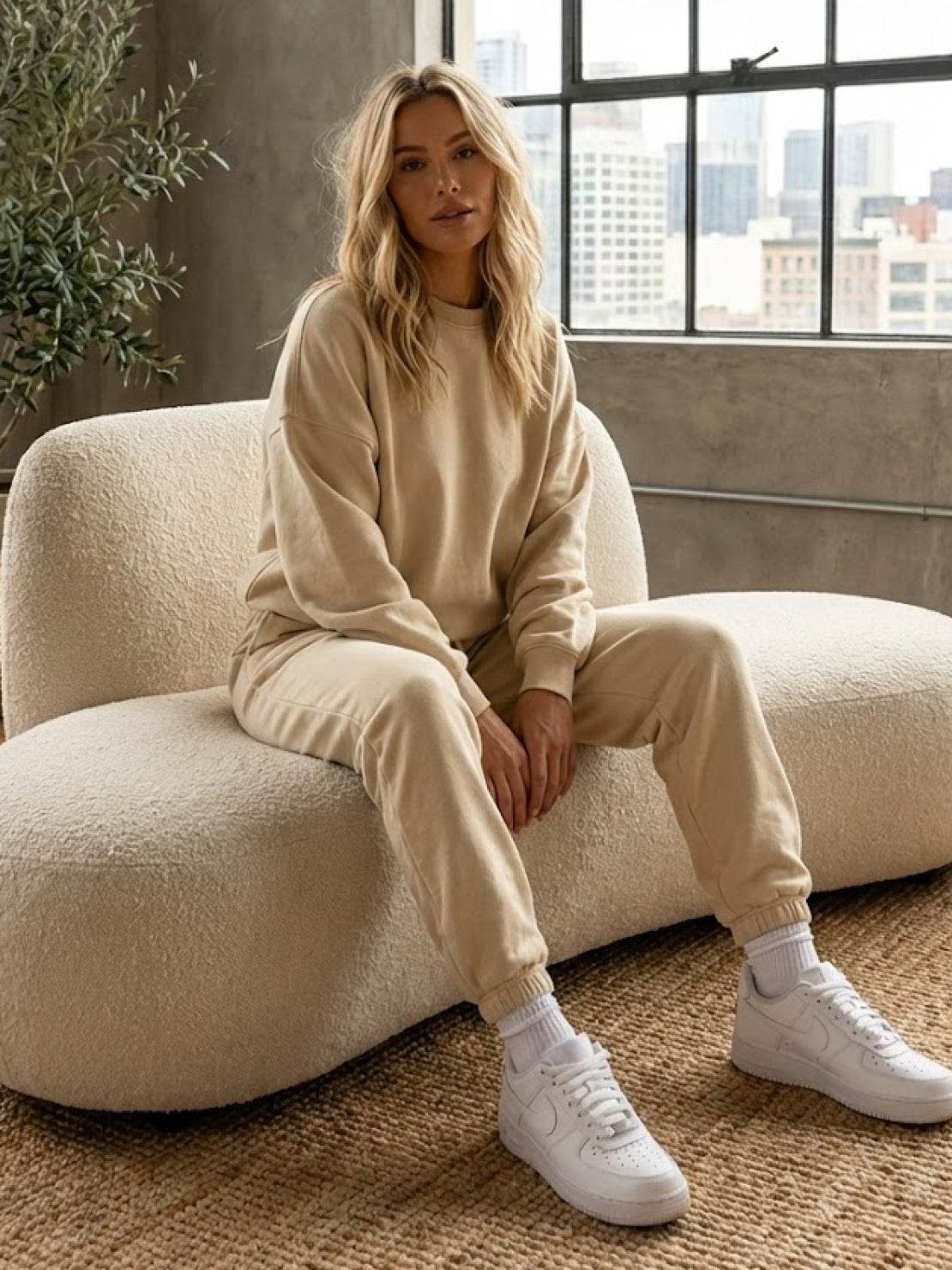 woman wearing Classic Comfort Athleisure set in neutral tones, showing comfortable and stretchy activewear suitable for everyday wear