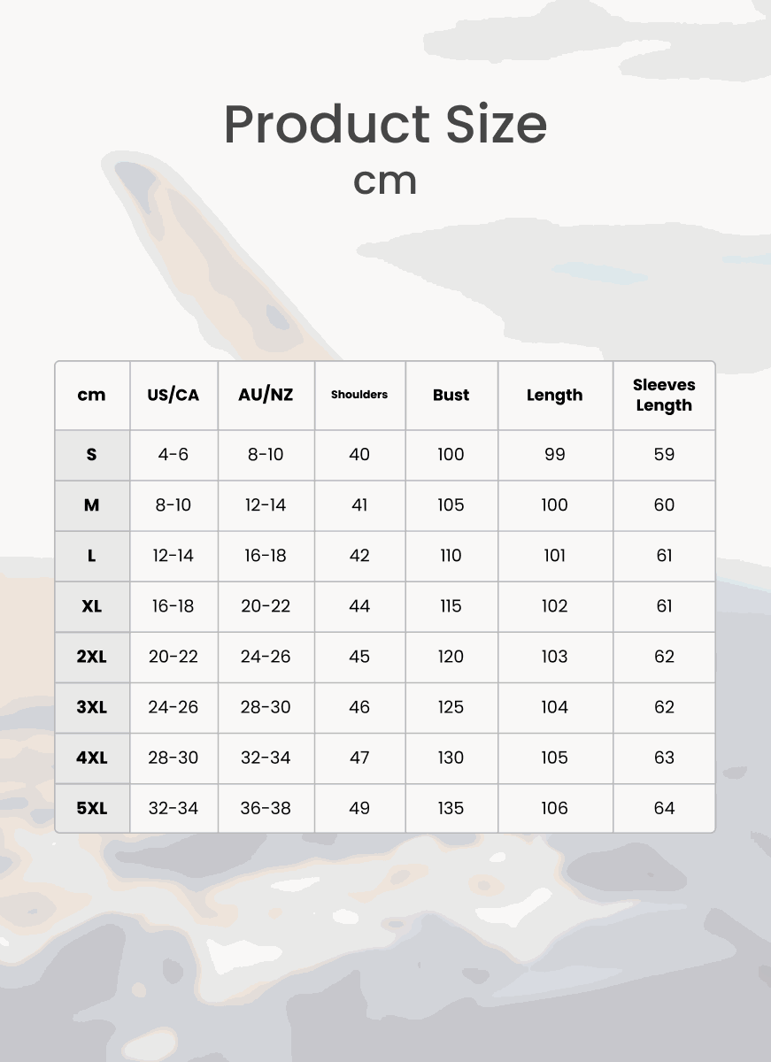 Oversized long zip sweatshirt size chart with measurements in cm for shoulders, bust, length, and sleeves