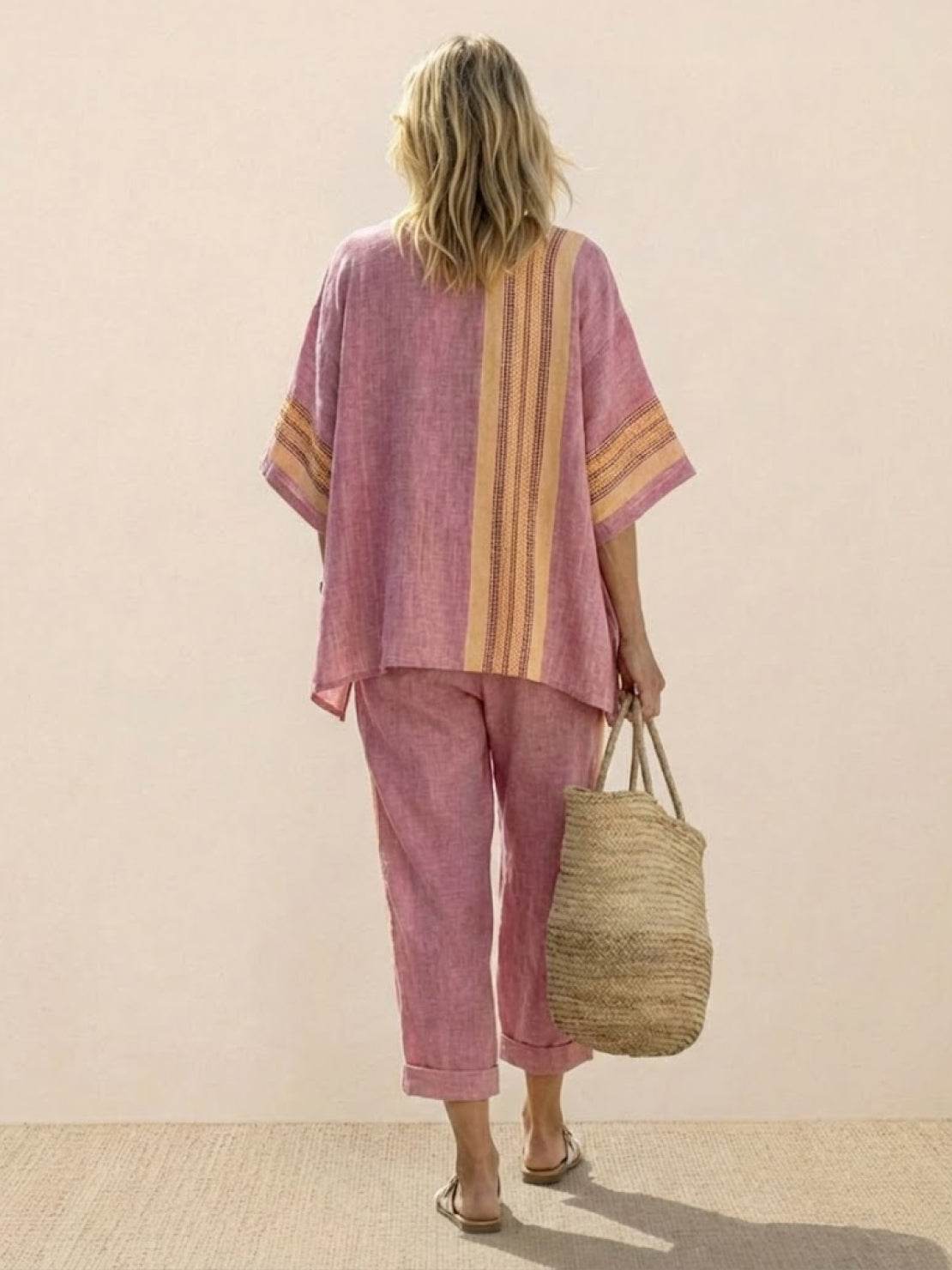 Coastal Comfort Linen two-piece set with artisan crochet, breathable fabric, and elegant coastal style